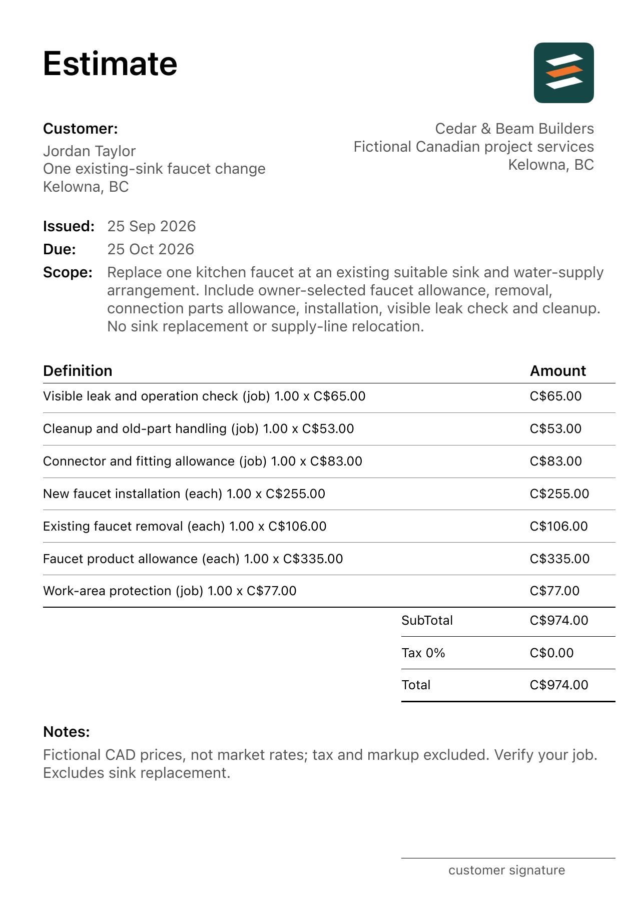 First page of the Kelowna, British Columbia kitchen faucet replacement estimate in Canadian dollars