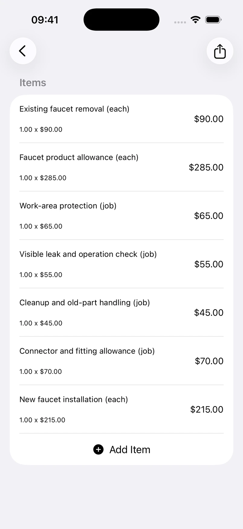 Kitchen faucet replacement line items in the Estimates cost editor