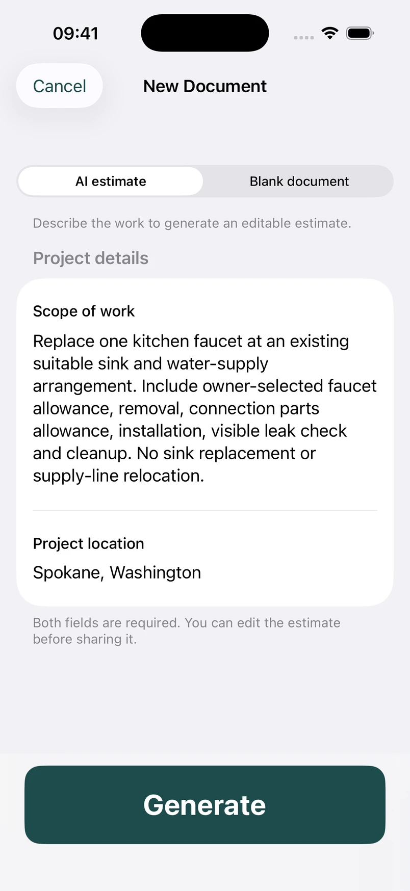 Kitchen faucet replacement scope in the New Document screen