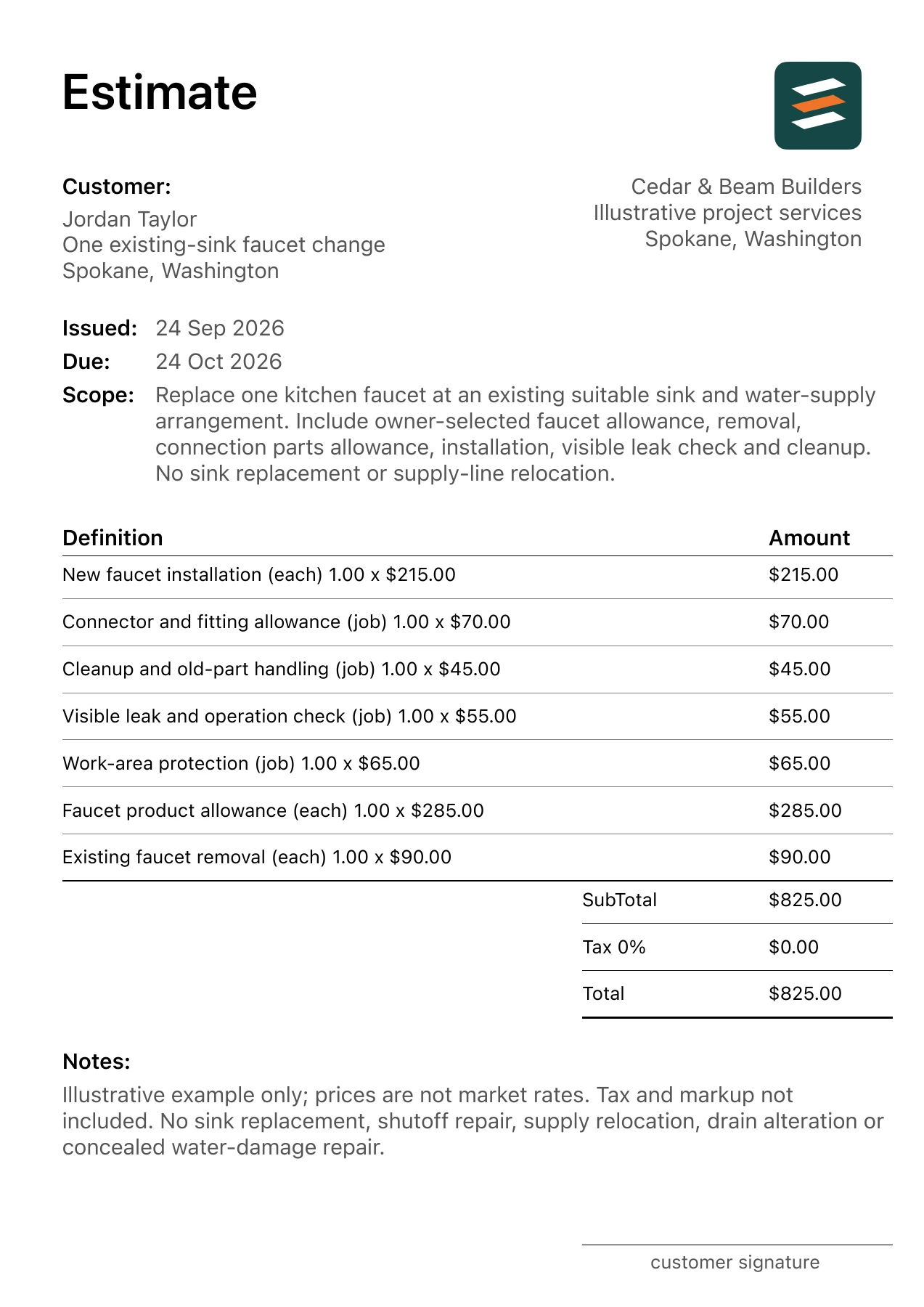 First page of the kitchen faucet replacement estimate PDF