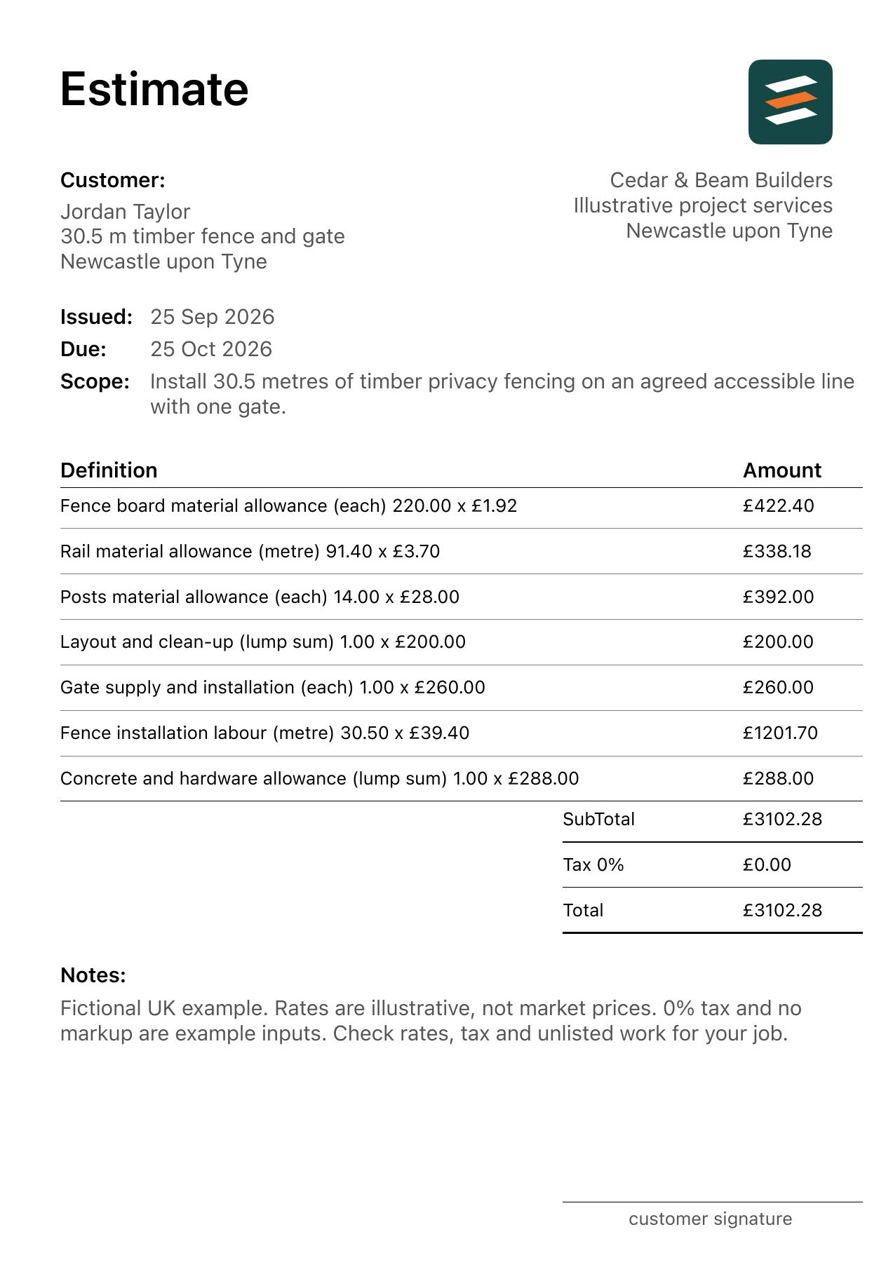 First page of the fence installation estimate PDF for a fictional Newcastle upon Tyne job