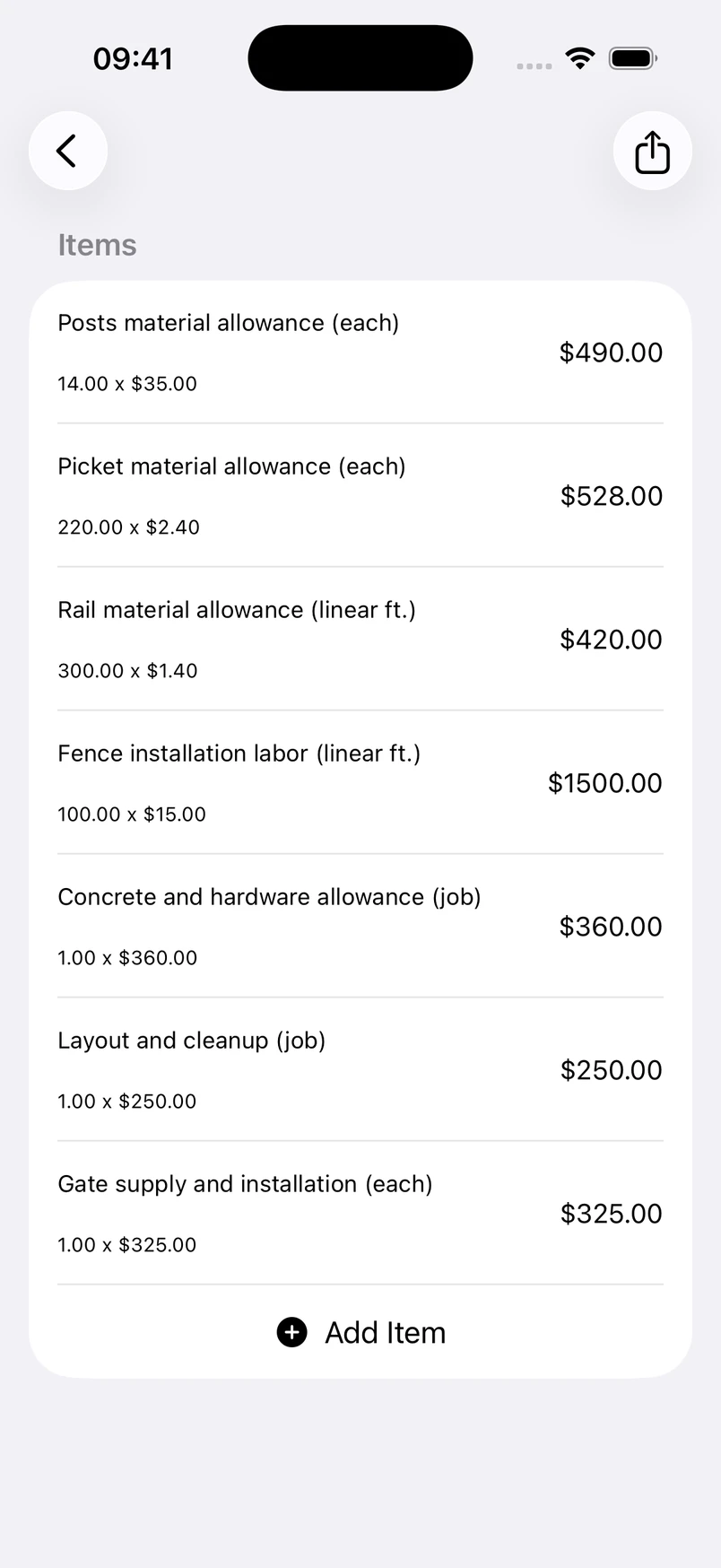 Fence installation line items in the Estimates cost editor