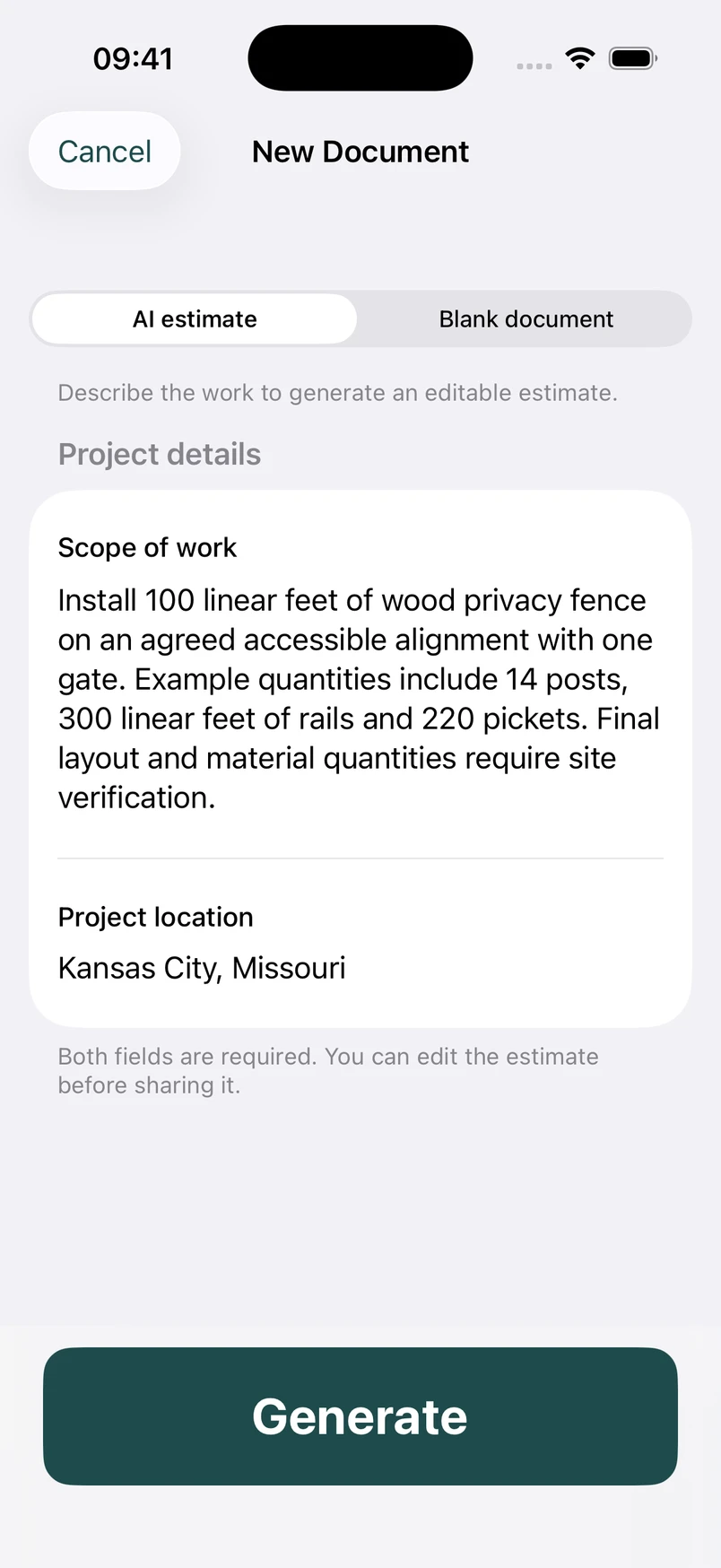 Fence installation scope in the New Document screen