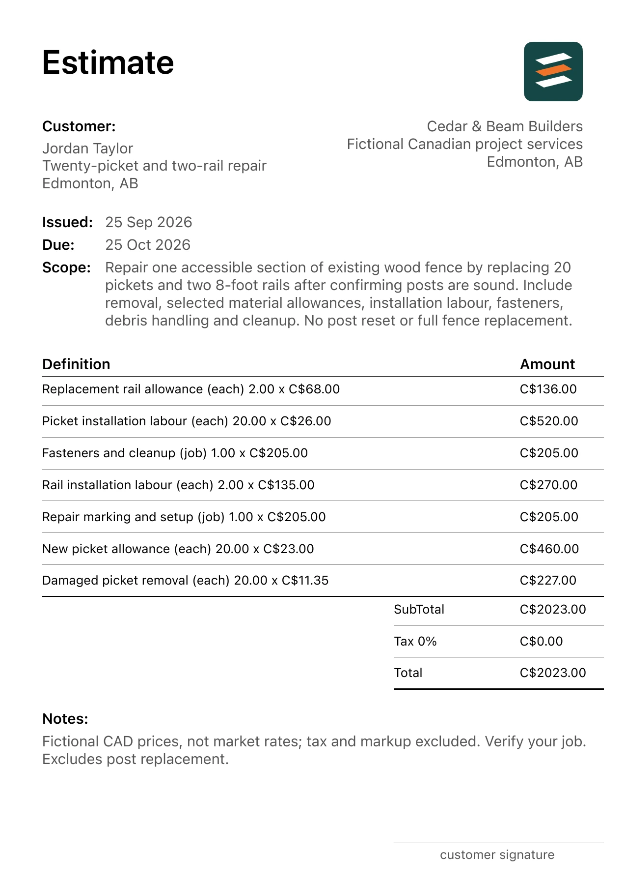 First page of the Edmonton, Alberta wood fence repair estimate in Canadian dollars