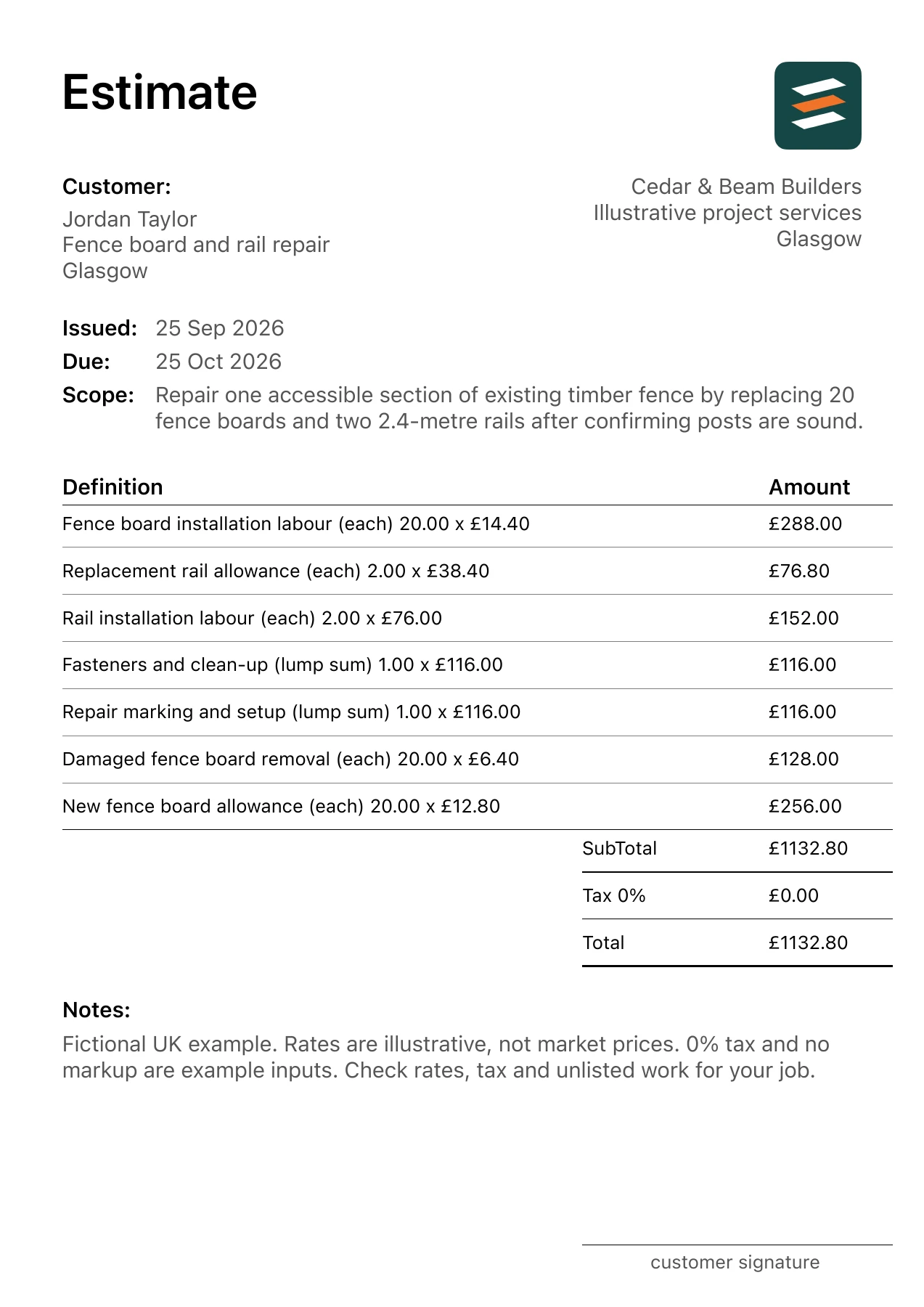 First page of the timber fence repair estimate PDF for a fictional Glasgow job