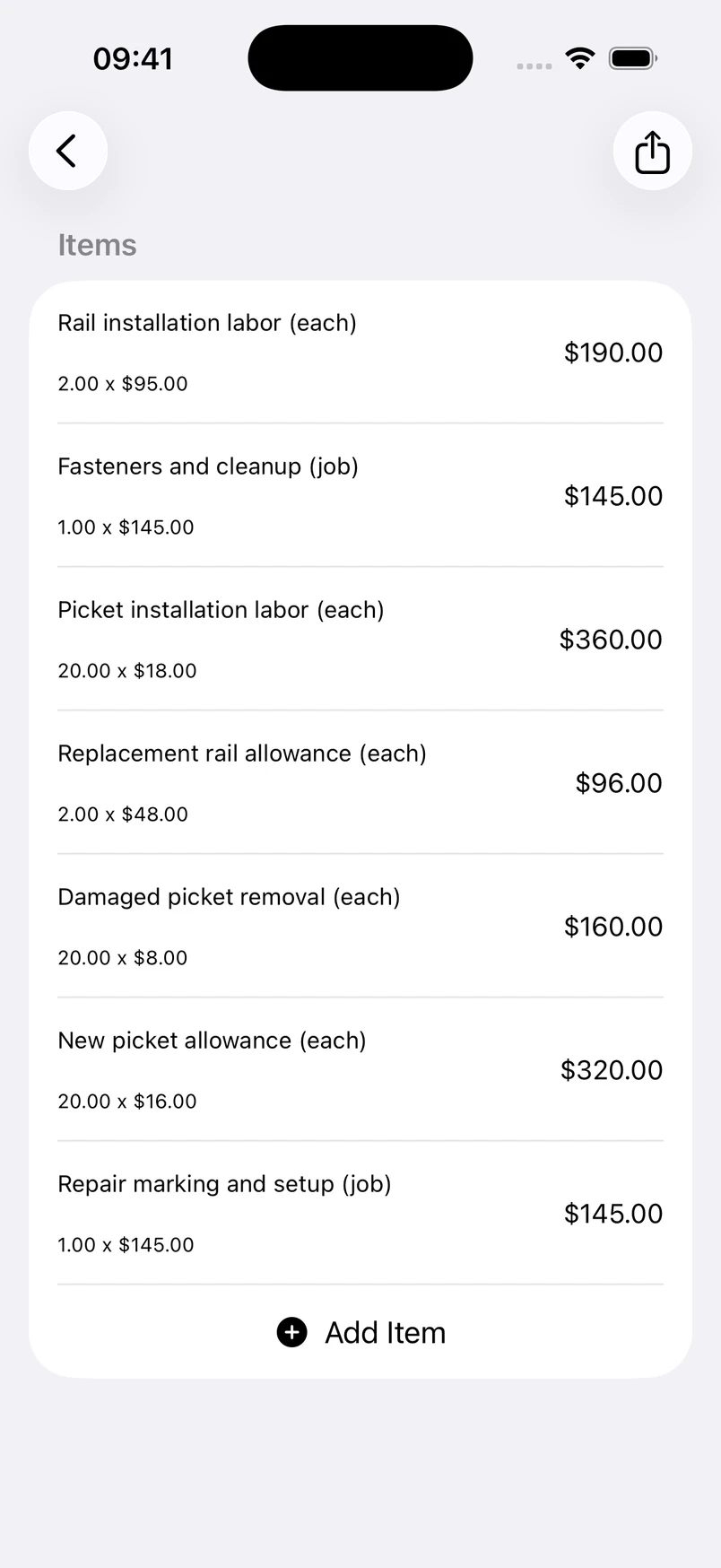 Wood fence repair line items in the Estimates cost editor