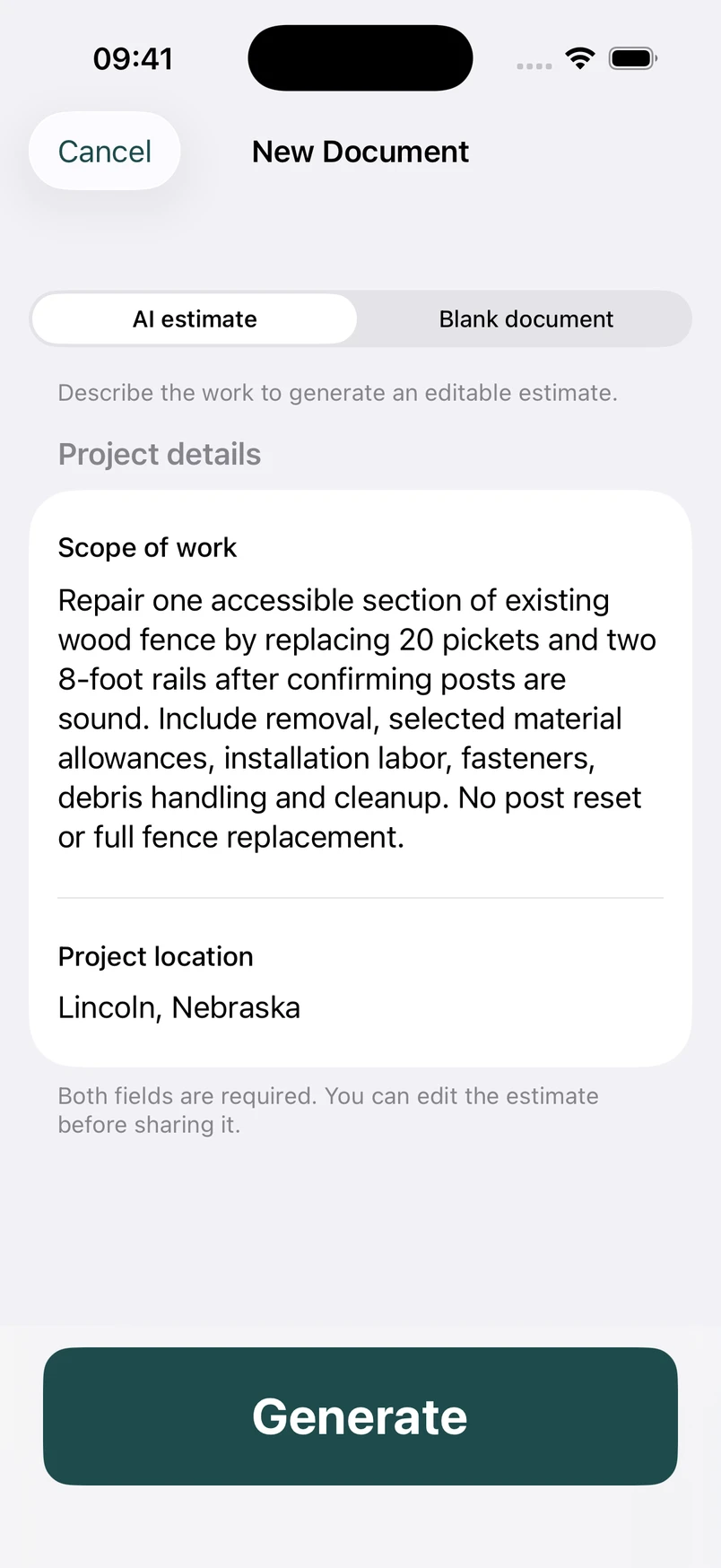 Wood fence repair scope in the New Document screen