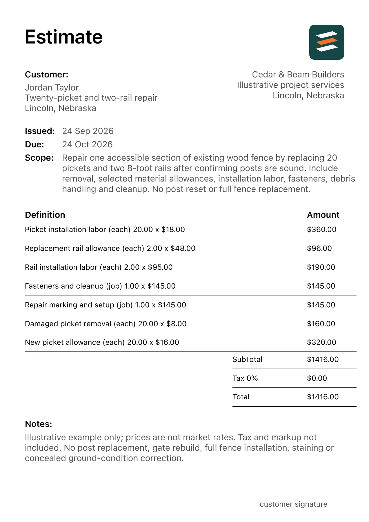 First page of the wood fence repair estimate PDF