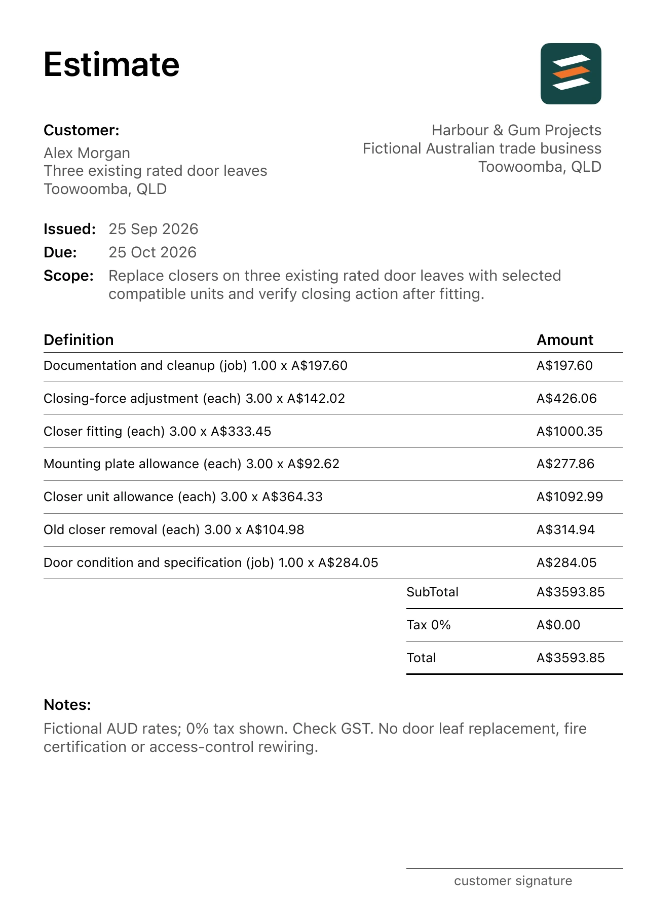 First page of the fictional Toowoomba, Queensland fire door closer replacement estimate PDF