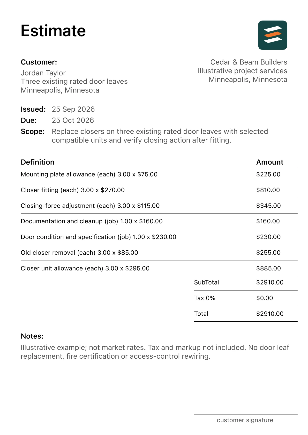 First page of the fictional fire door closer replacement estimate PDF