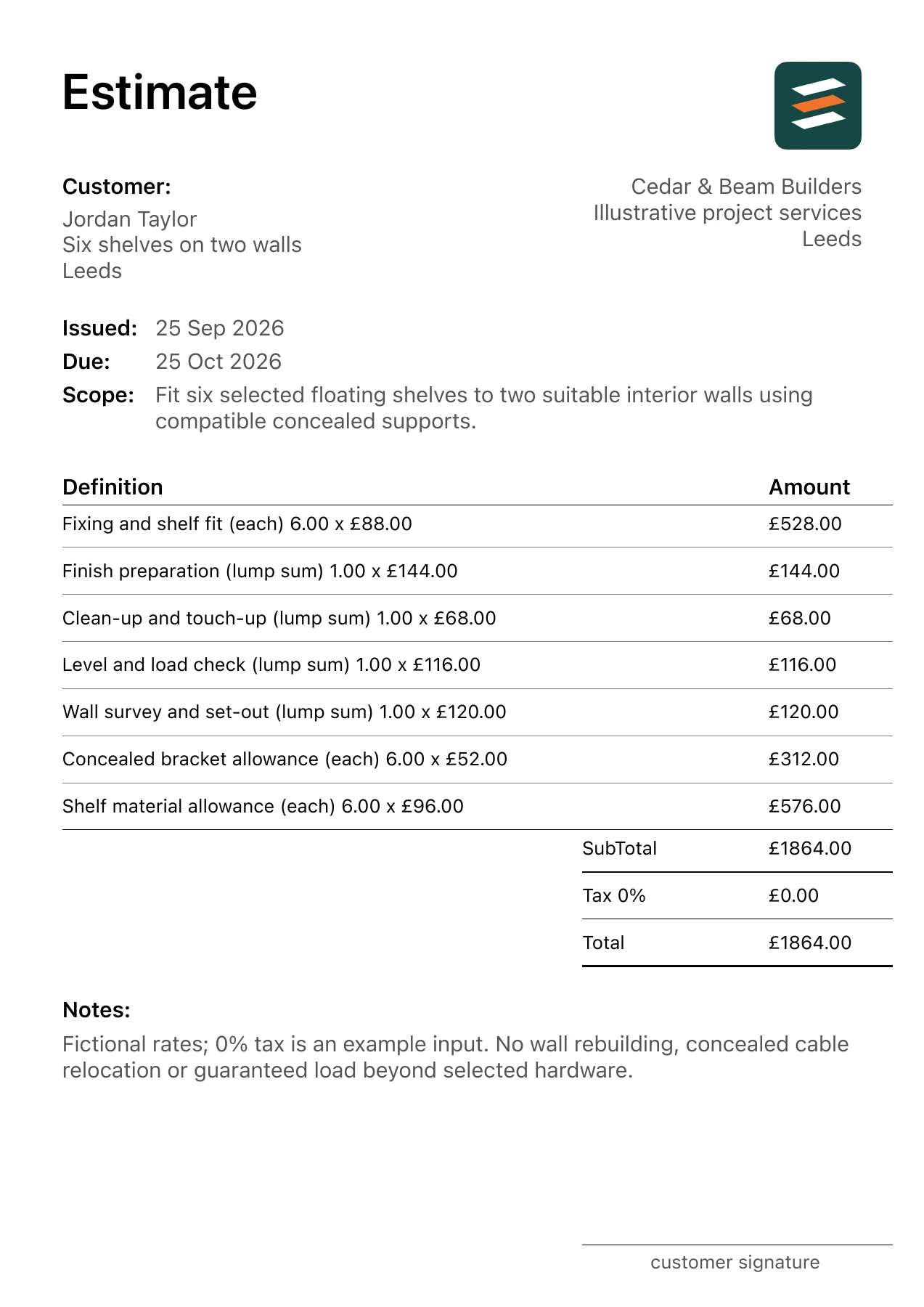 First page of the fictional floating shelf installation estimate PDF