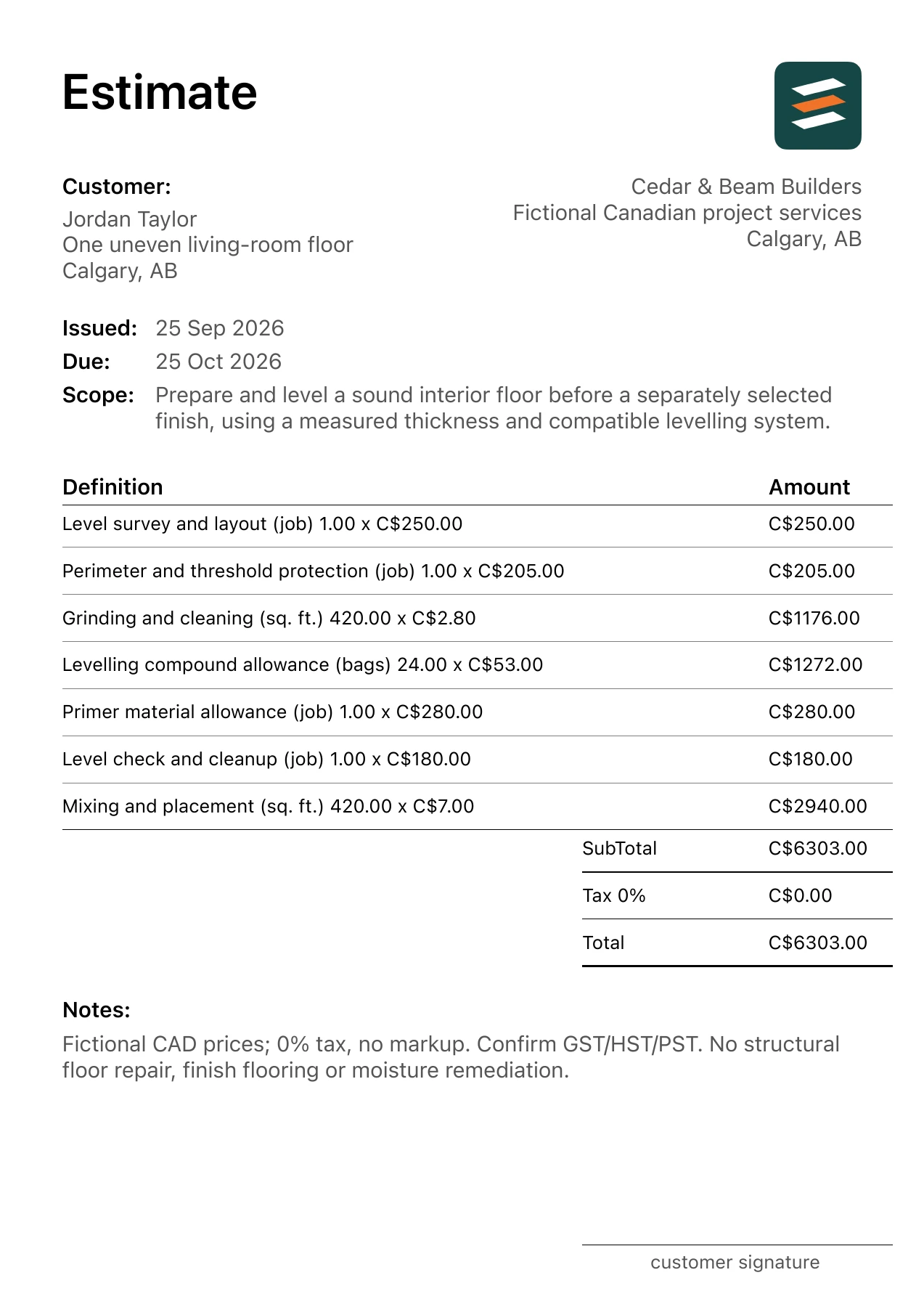First page of the fictional Calgary, Alberta floor levelling preparation PDF estimate