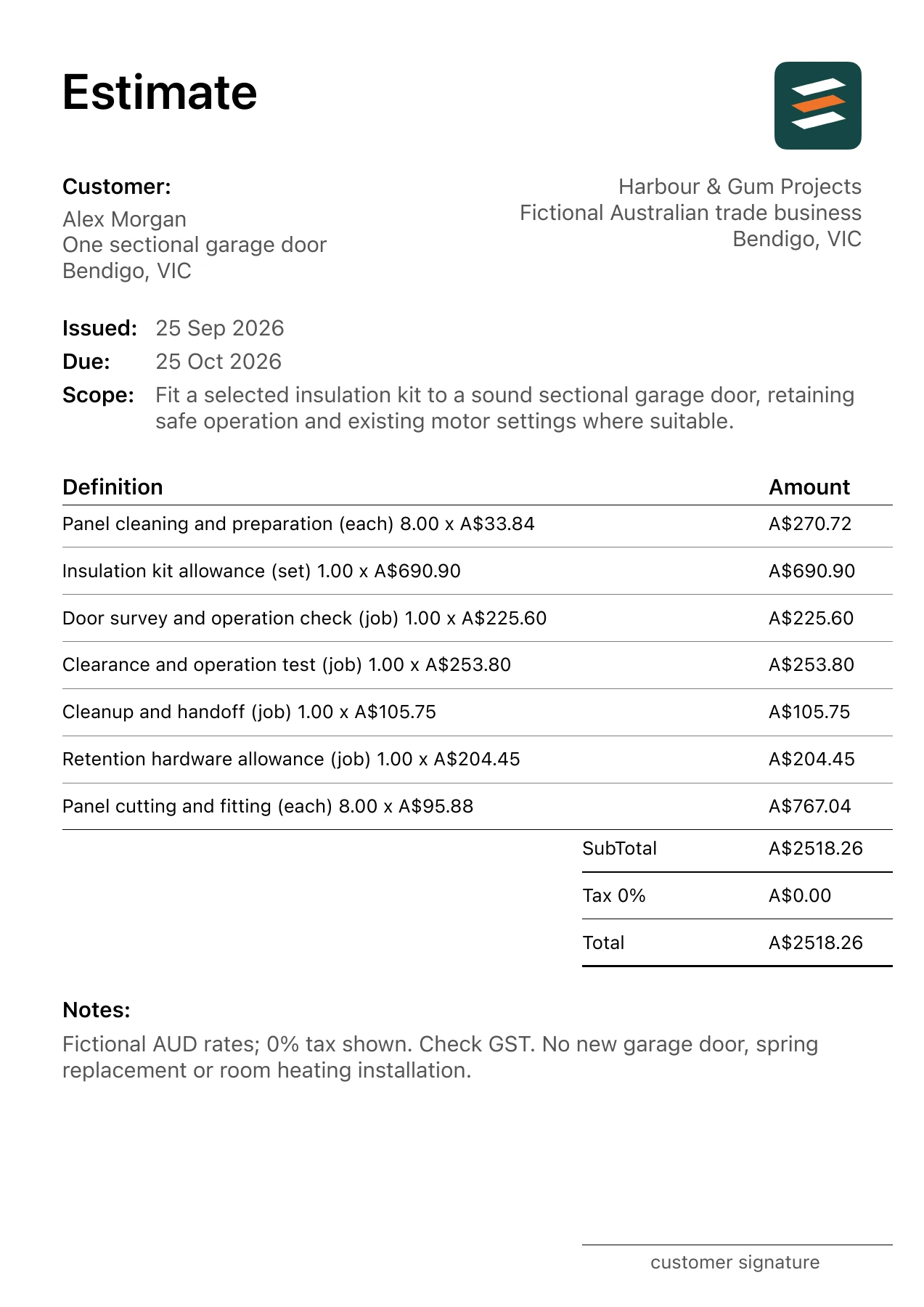 First page of the fictional Bendigo, Victoria garage door insulation retrofit estimate PDF