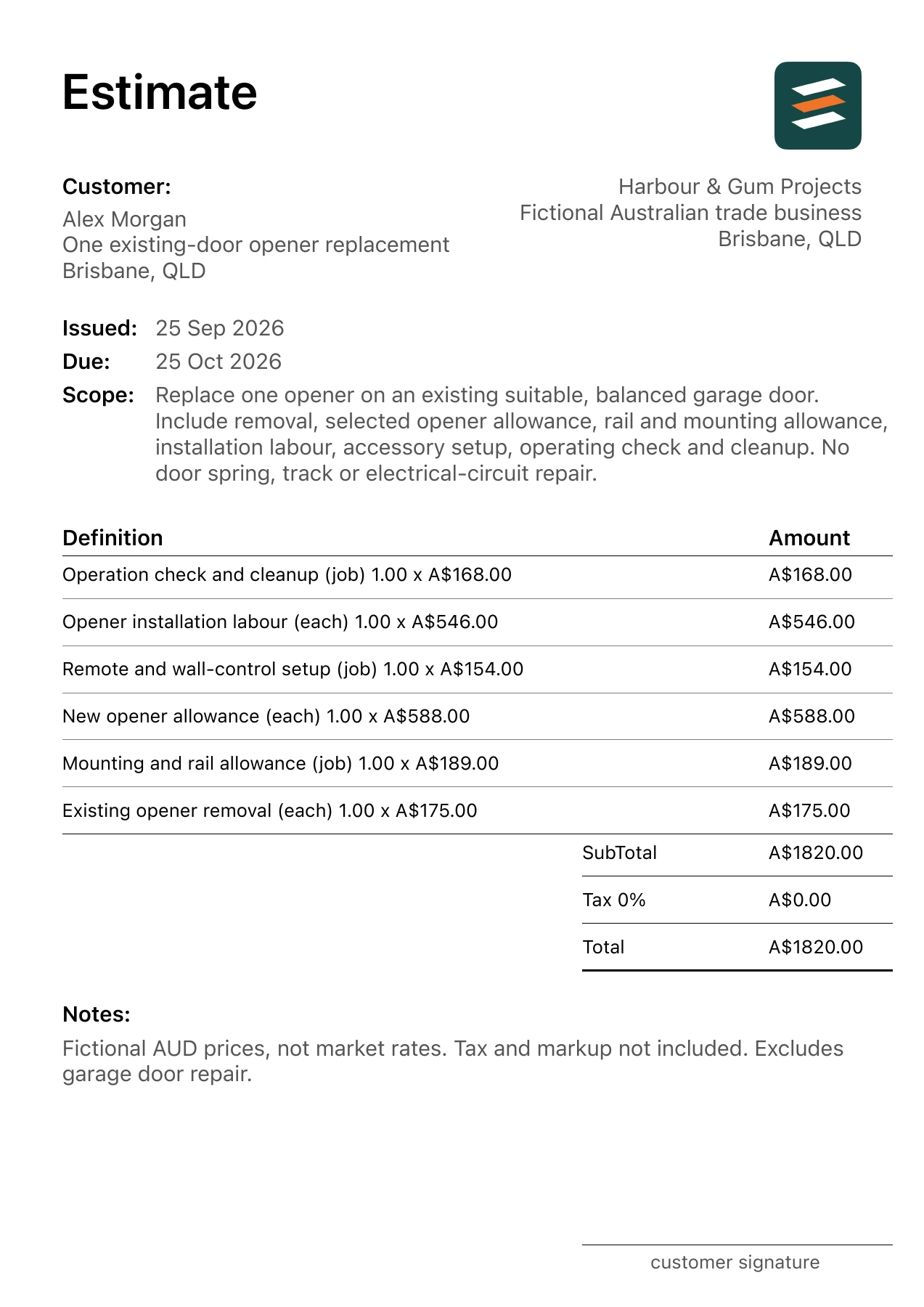 First page of the garage door opener installation estimate PDF