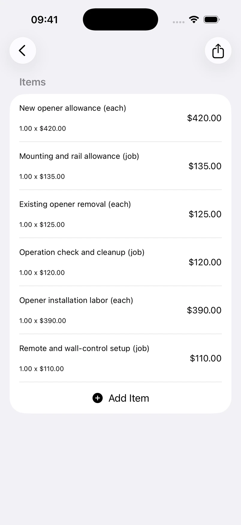 Garage door opener installation line items in the Estimates cost editor