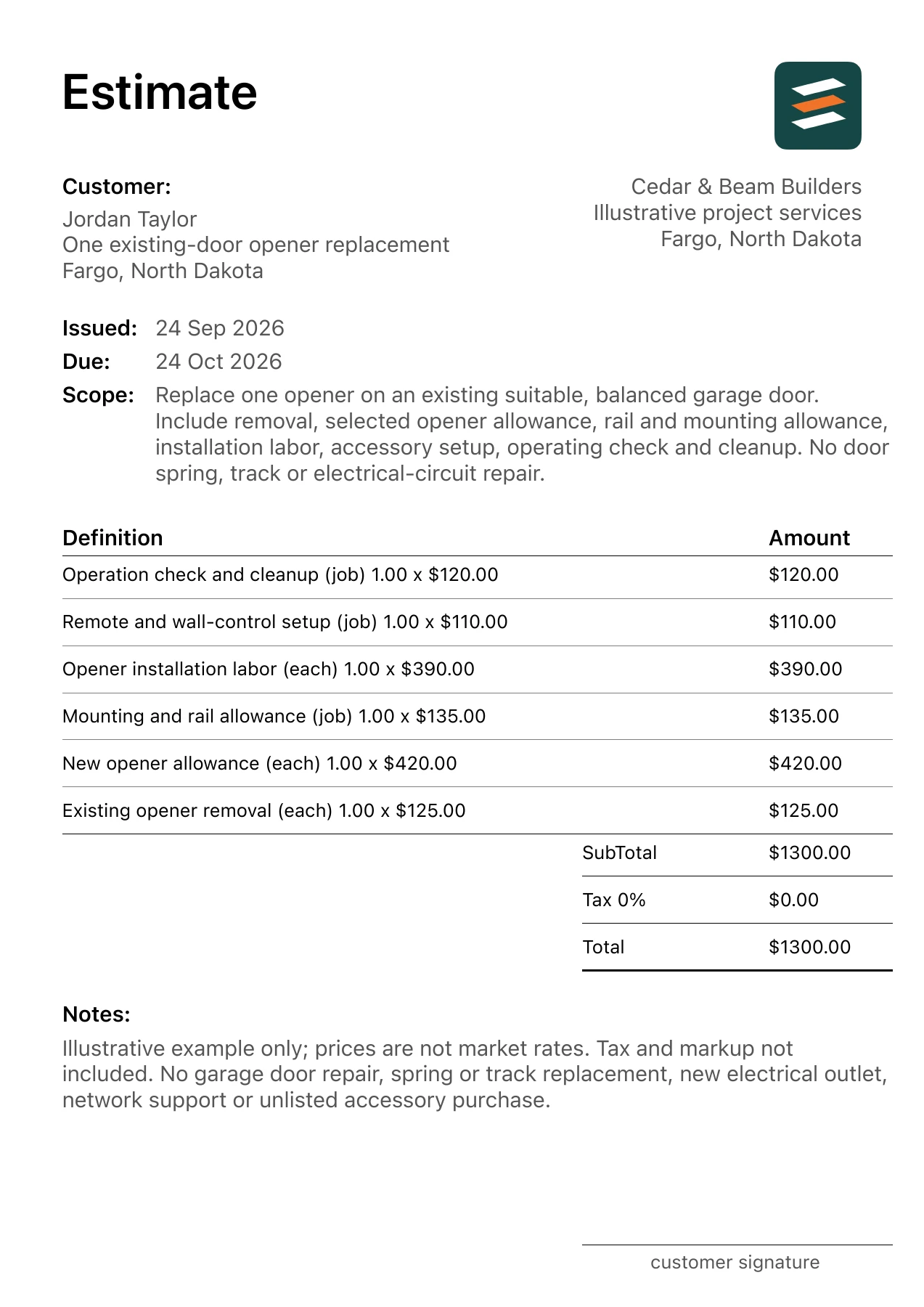 First page of the garage door opener installation estimate PDF
