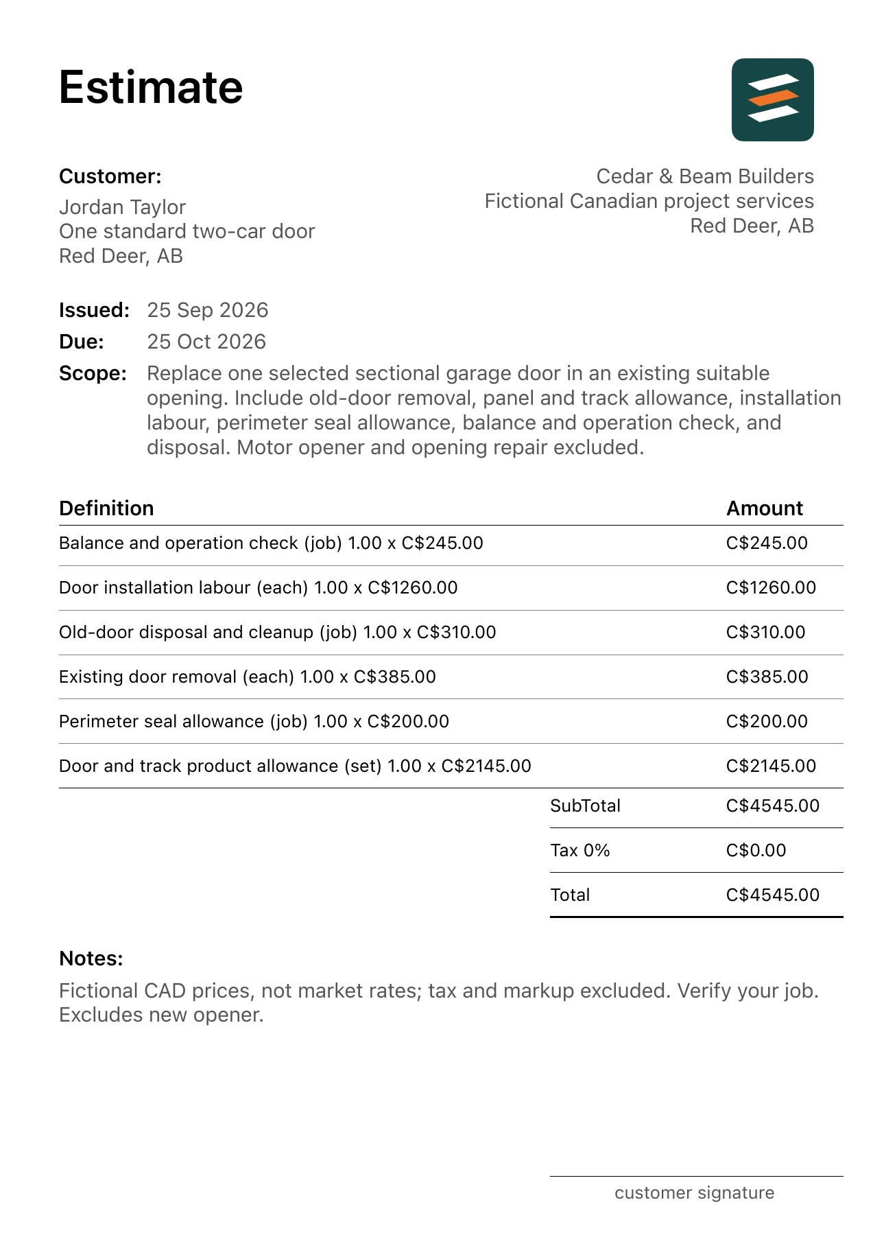 First page of the Red Deer, Alberta garage door replacement estimate in Canadian dollars