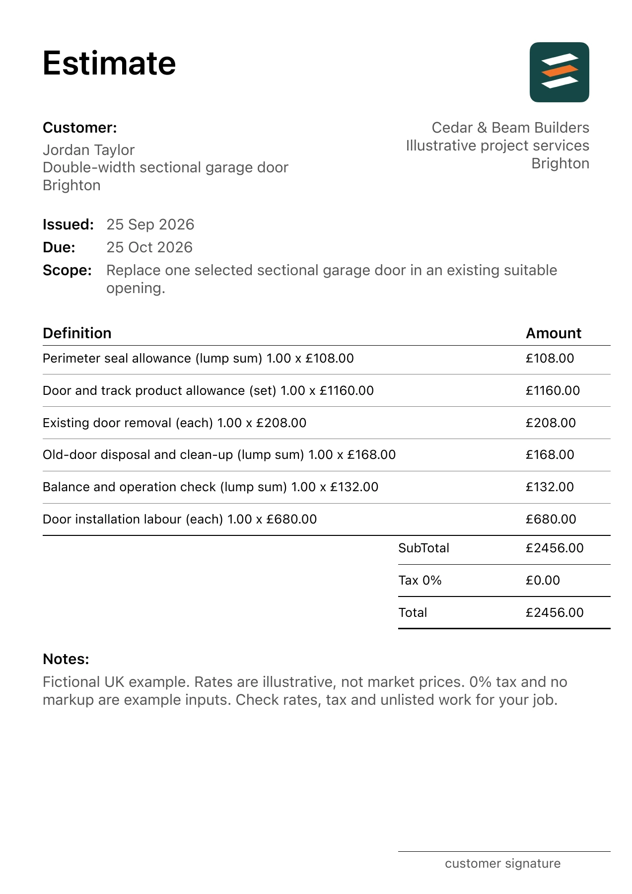 First page of the garage door replacement estimate PDF for a fictional Brighton job