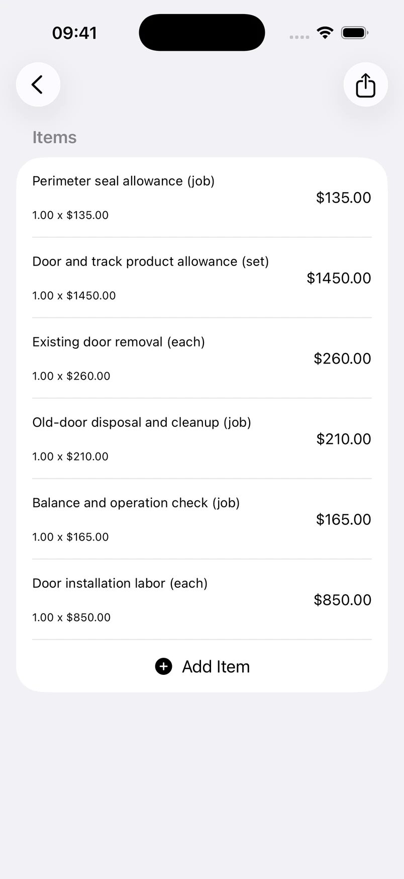 Garage door replacement line items in the Estimates cost editor