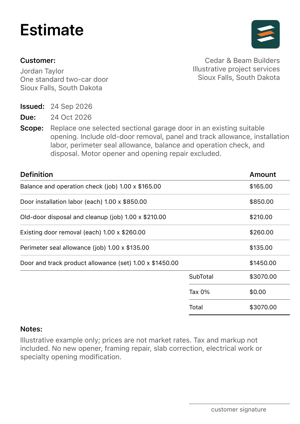First page of the garage door replacement estimate PDF