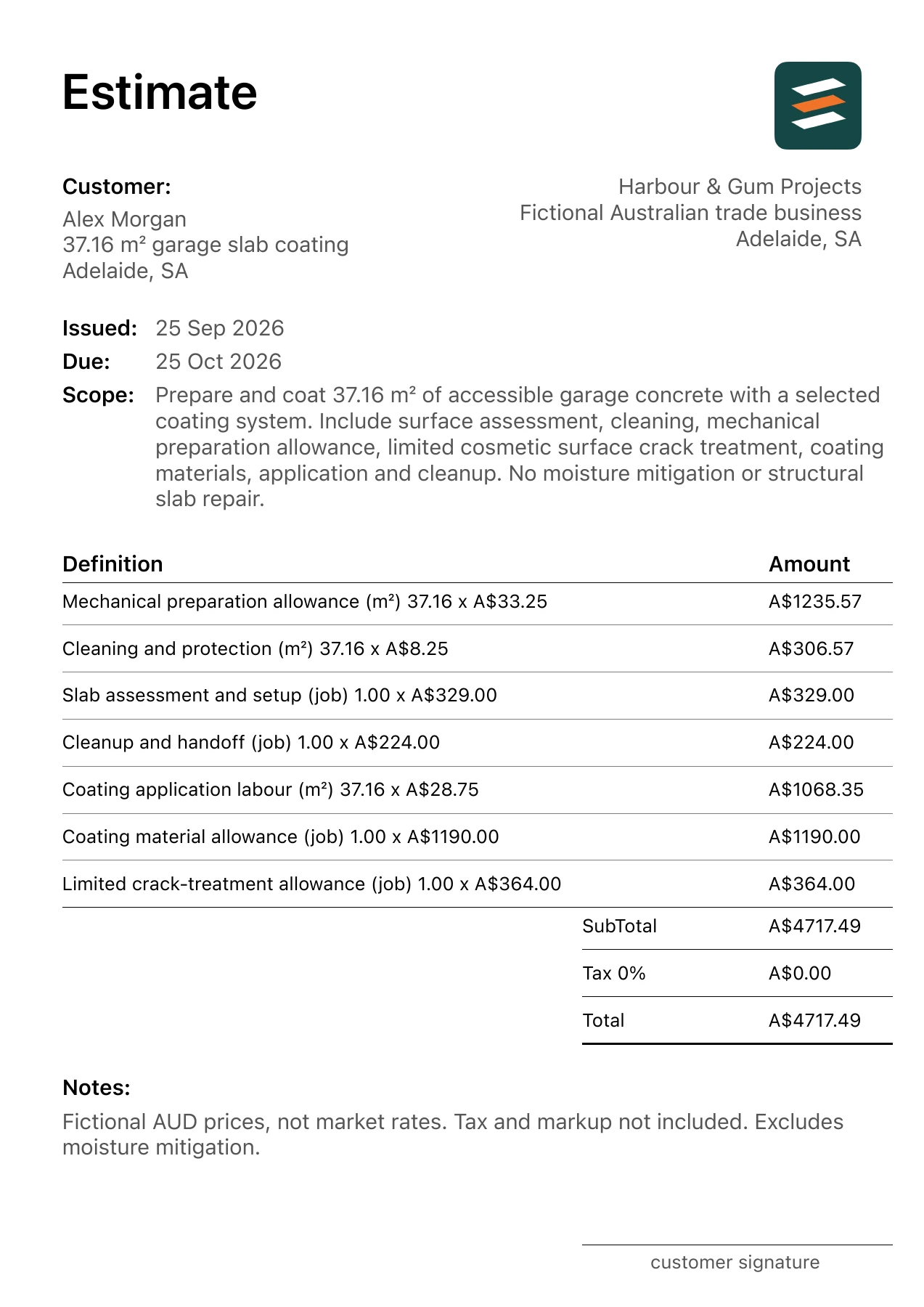 First page of the garage floor coating estimate PDF
