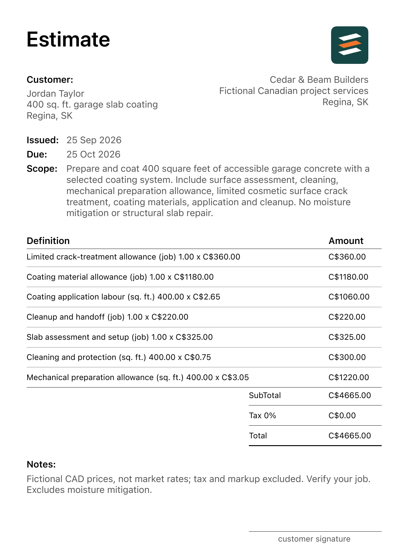 First page of the Regina, Saskatchewan garage floor coating estimate in Canadian dollars