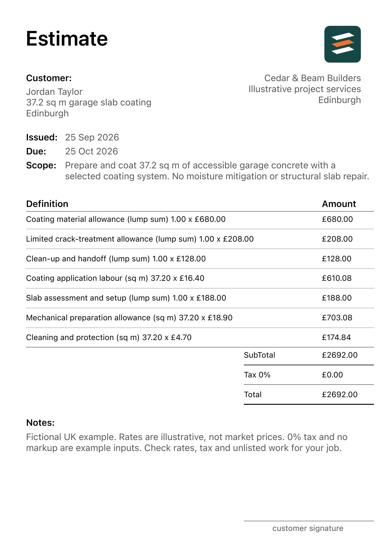 First page of the garage floor coating estimate PDF for a fictional Edinburgh job
