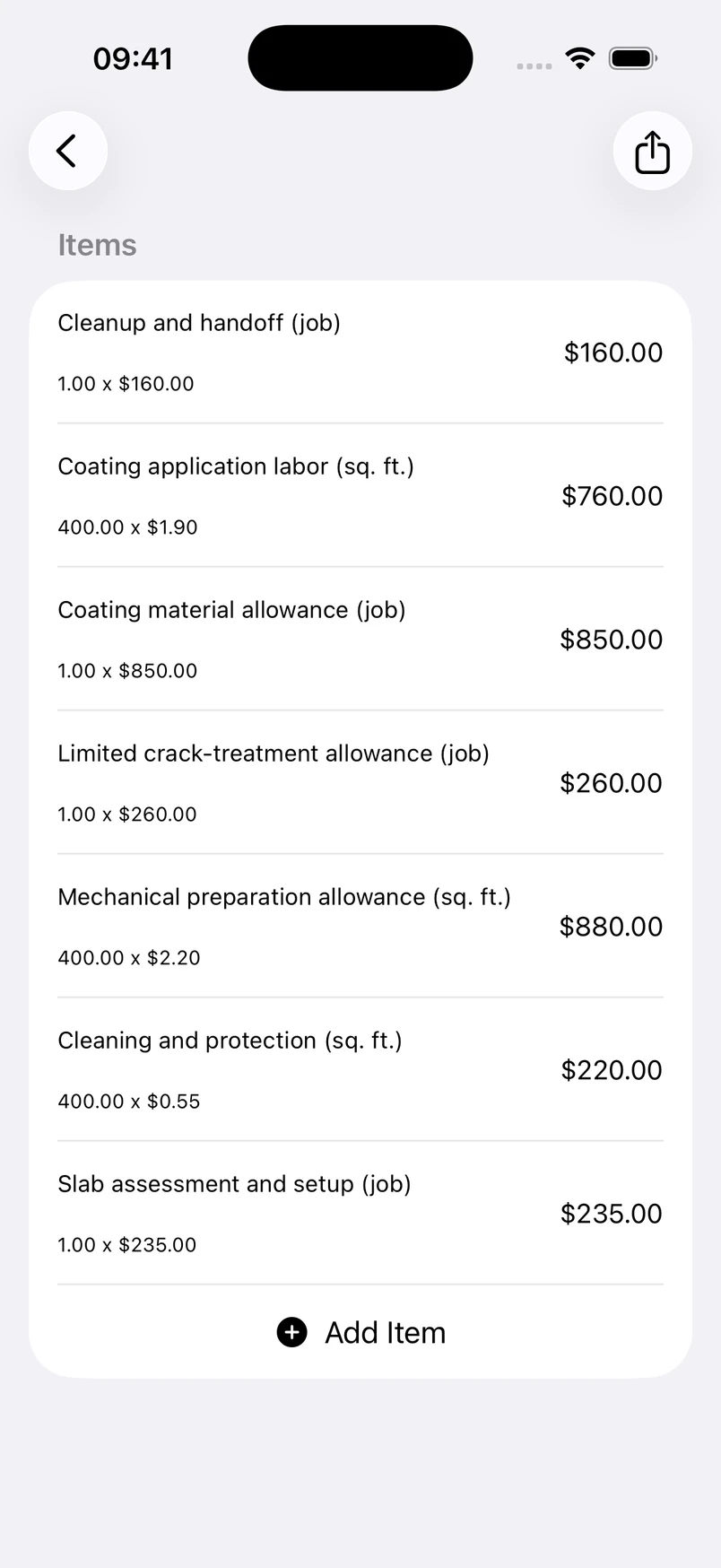 Garage floor coating line items in the Estimates cost editor