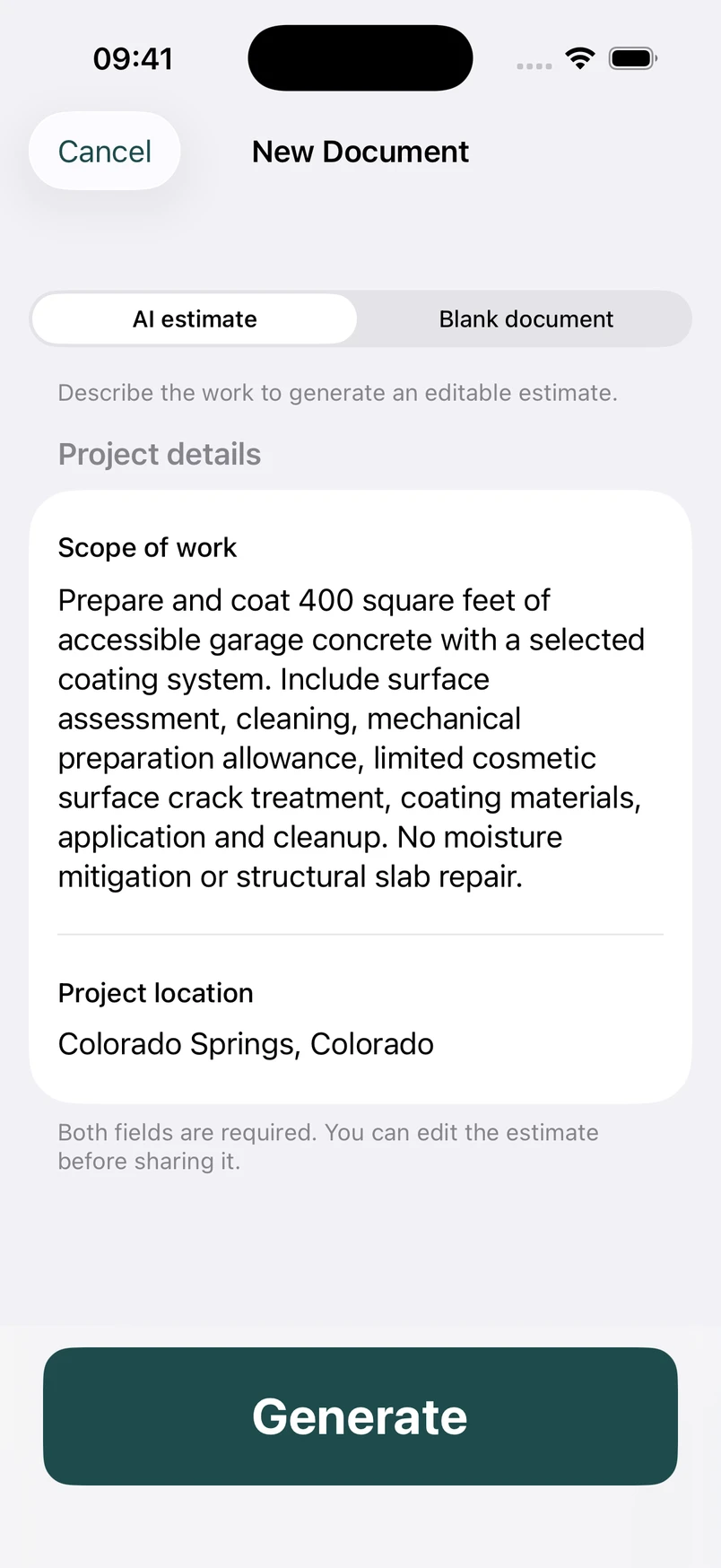 Garage floor coating scope in the New Document screen