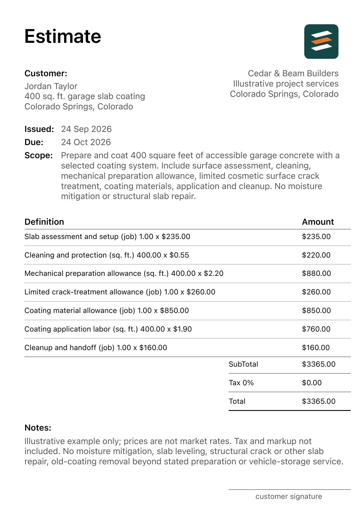 First page of the garage floor coating estimate PDF
