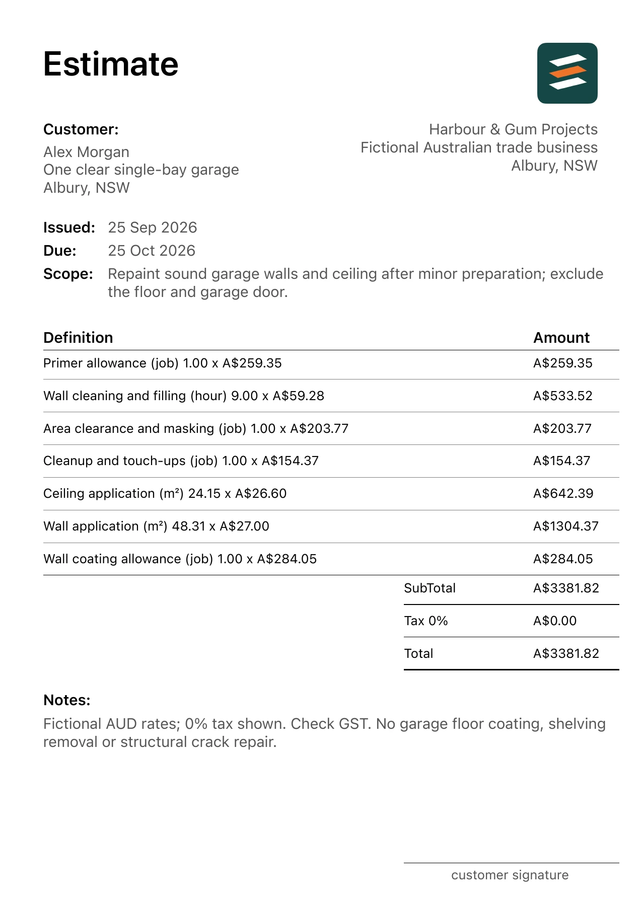First page of the fictional Albury, New South Wales garage interior painting estimate PDF