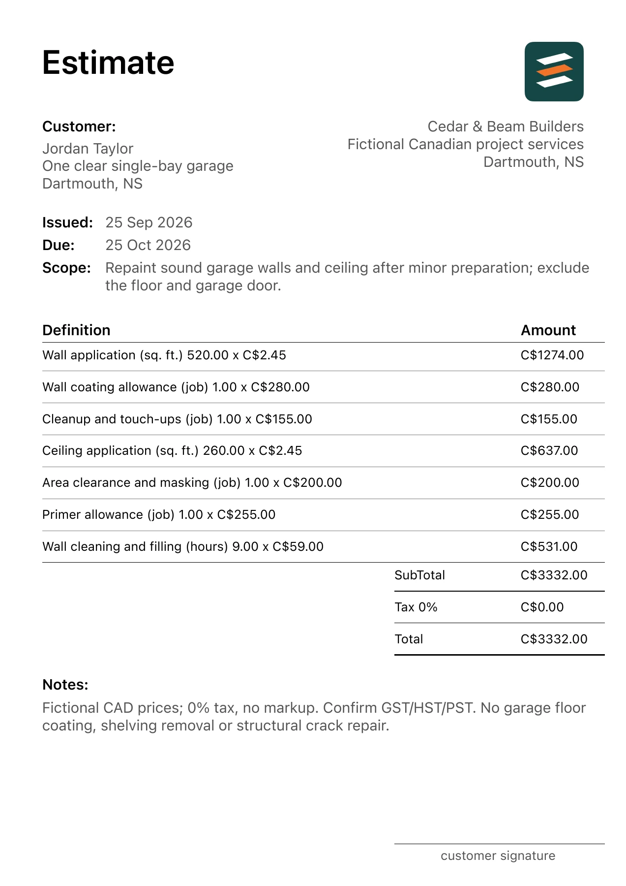 First page of the fictional Dartmouth, Nova Scotia garage interior painting PDF estimate