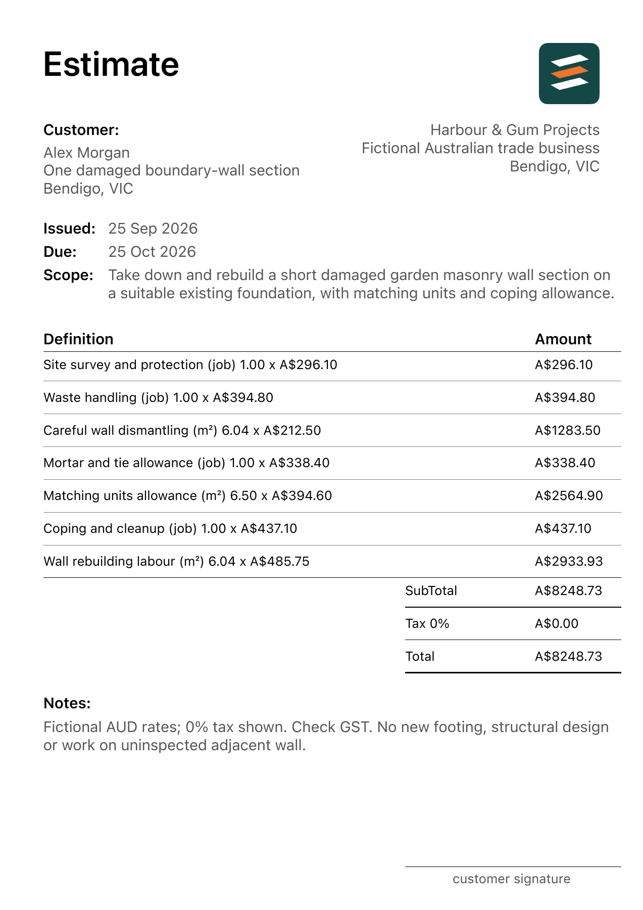 First page of the fictional Bendigo, Victoria garden masonry wall rebuild estimate PDF