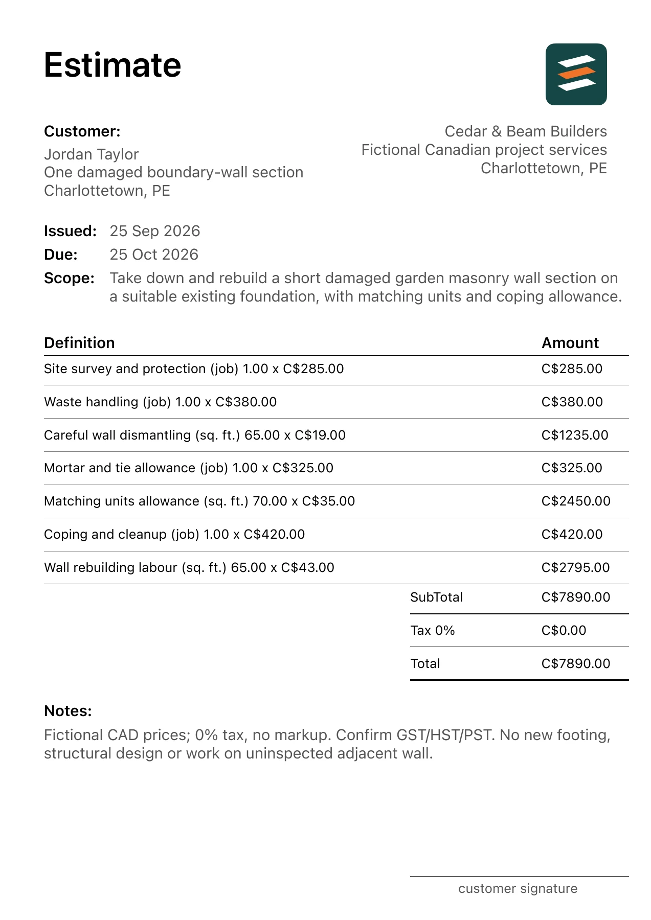 First page of the fictional Charlottetown, Prince Edward Island garden masonry wall rebuild PDF estimate