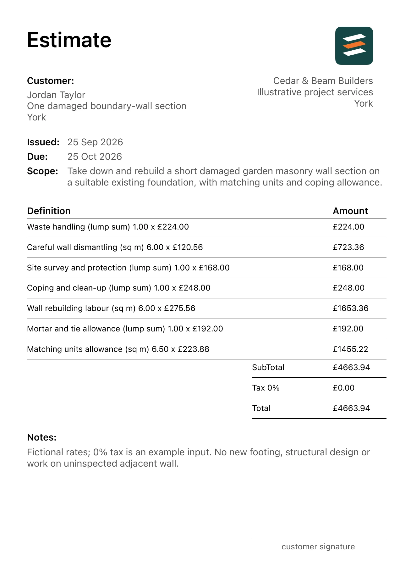 First page of the fictional garden masonry wall rebuild estimate PDF