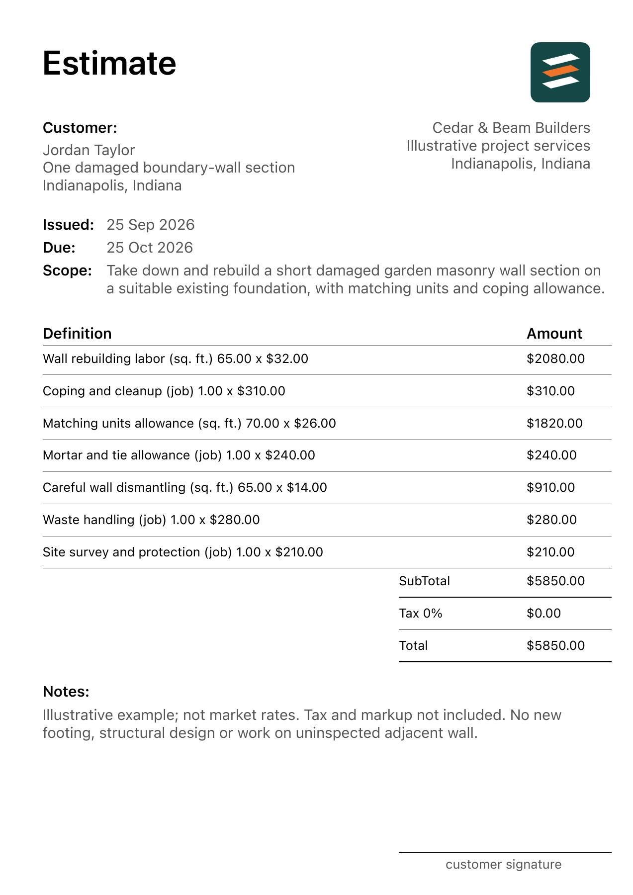 First page of the fictional garden masonry wall rebuild estimate PDF