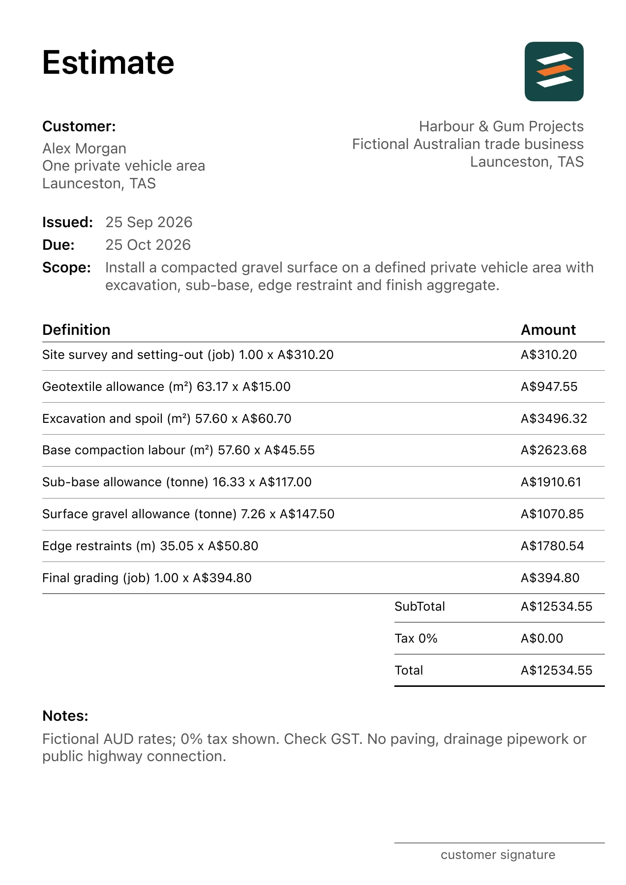 First page of the fictional Launceston, Tasmania gravel driveway installation estimate PDF