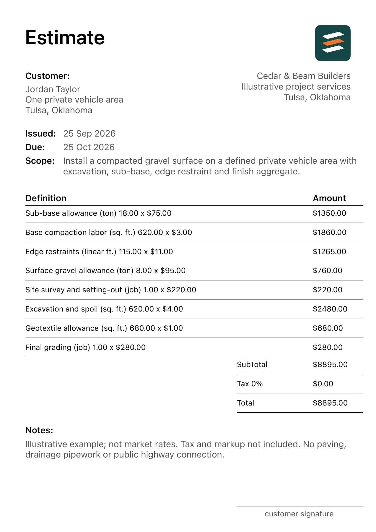 First page of the fictional gravel driveway installation estimate PDF