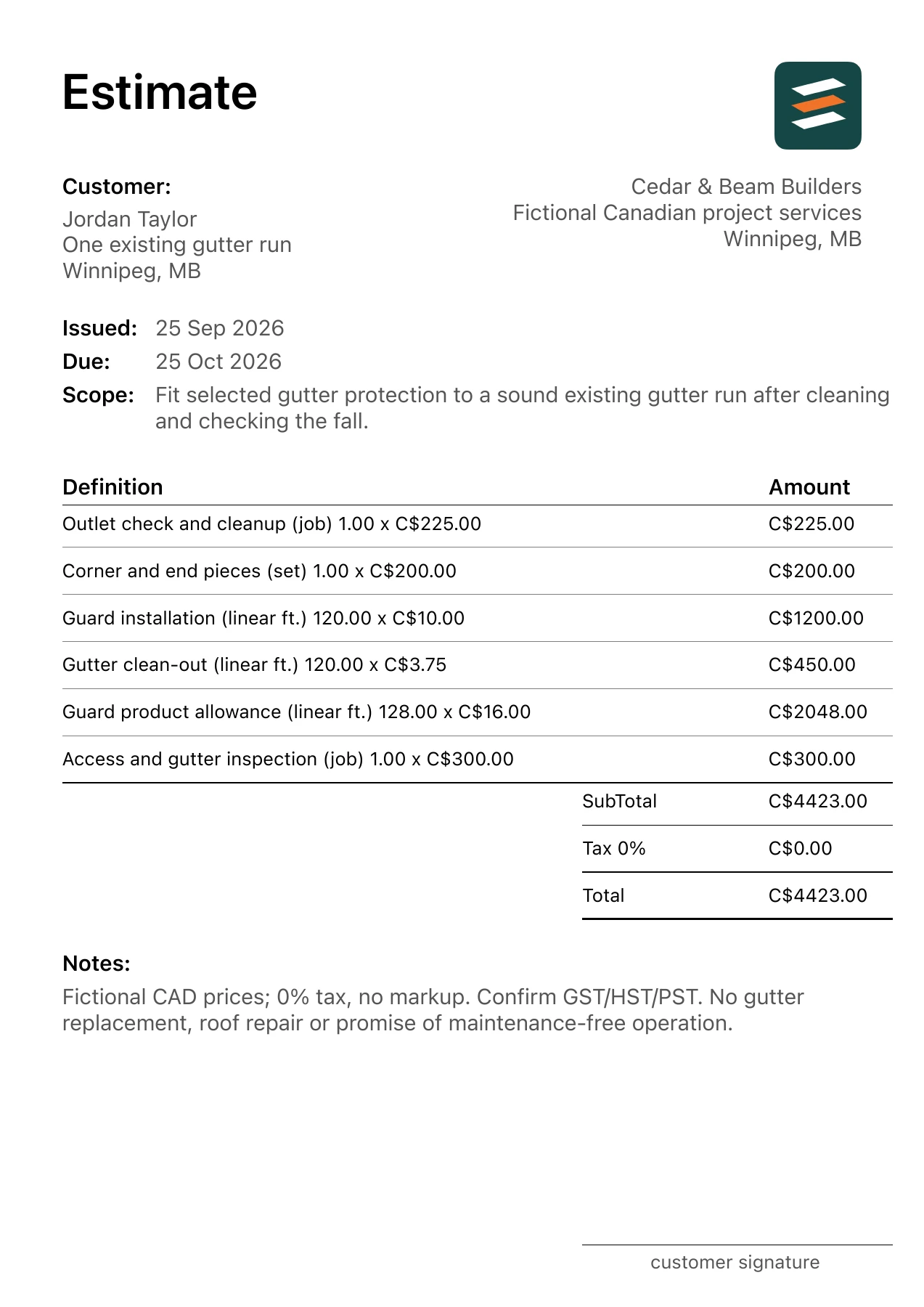 First page of the fictional Winnipeg, Manitoba gutter guard installation PDF estimate