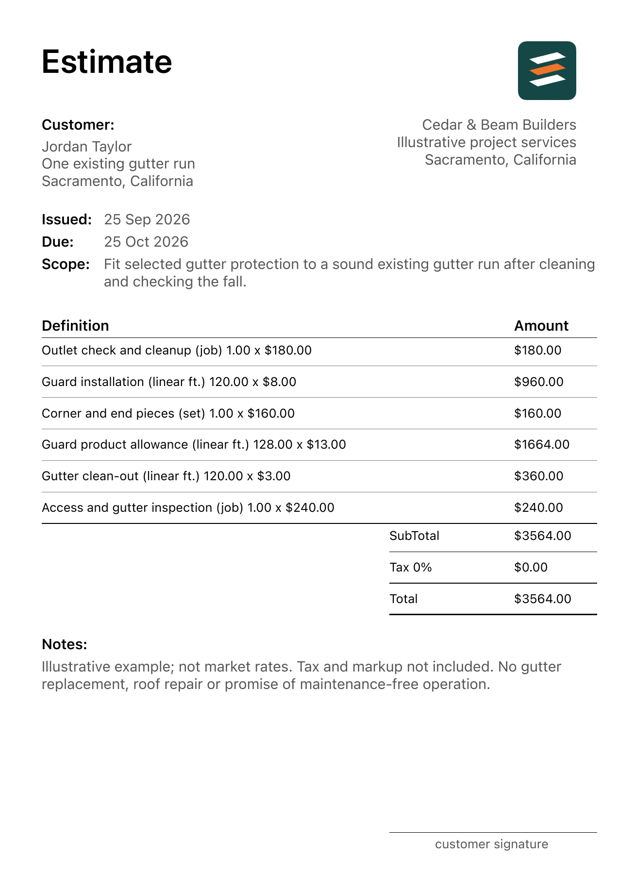 First page of the fictional gutter guard installation estimate PDF