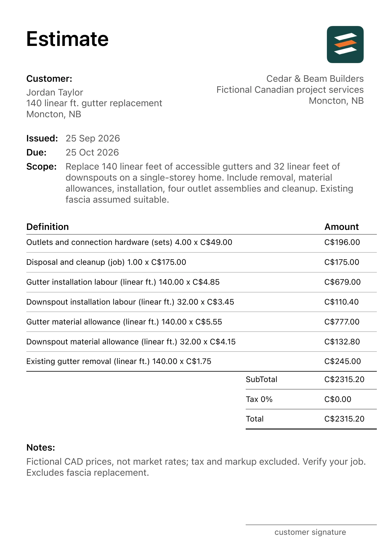 First page of the Moncton, New Brunswick gutter replacement estimate in Canadian dollars