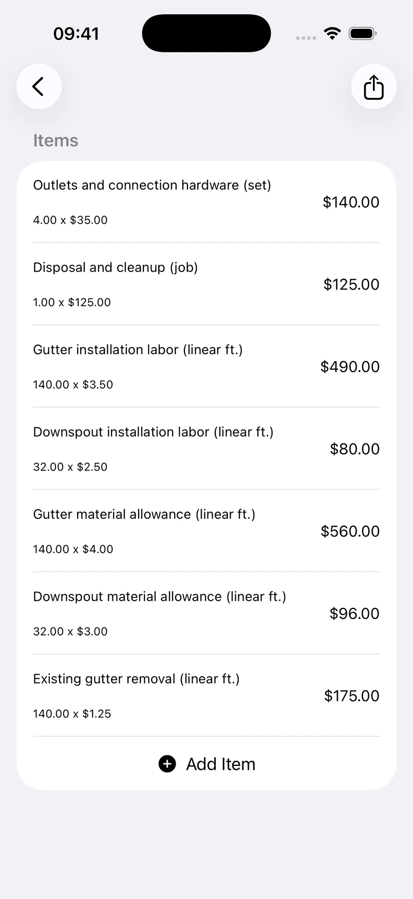 Gutter replacement line items in the Estimates cost editor