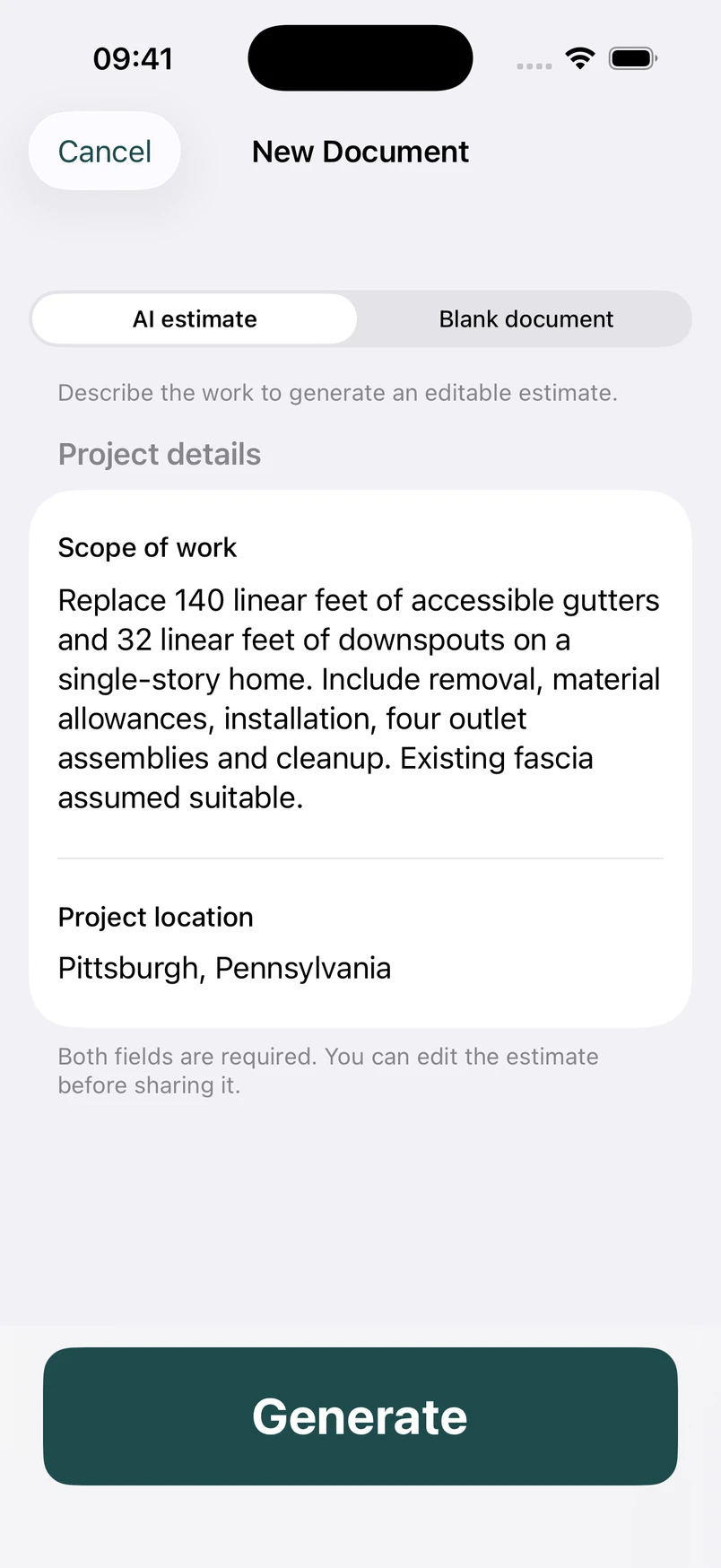 Gutter replacement scope in the New Document screen