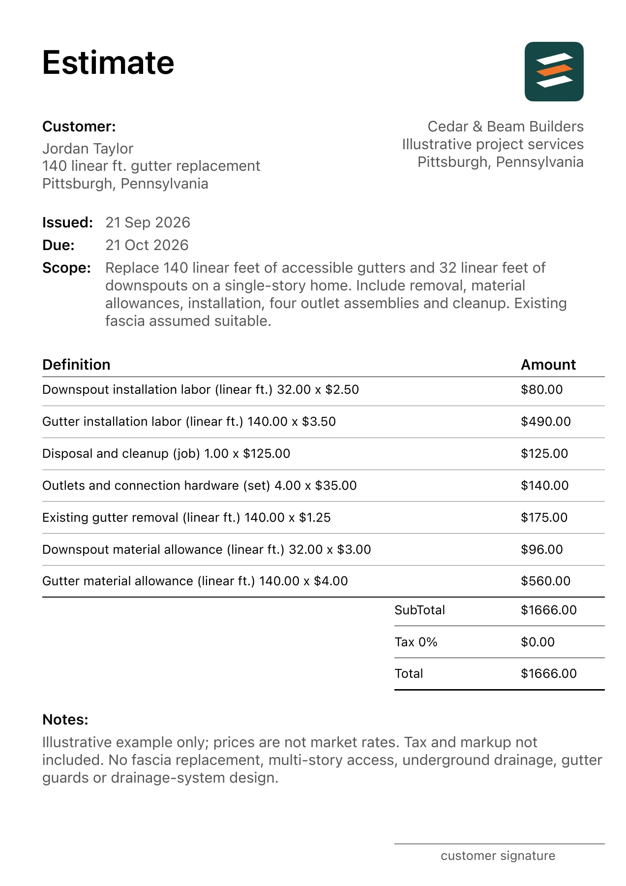 First page of the gutter replacement estimate PDF