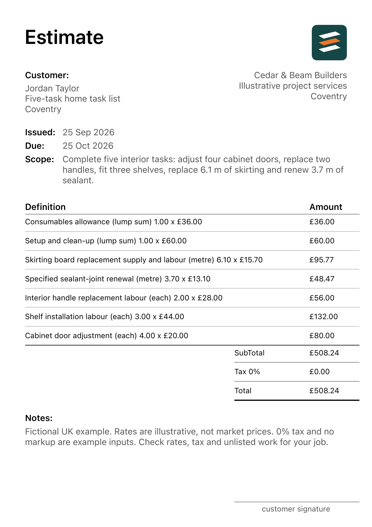 First page of the property maintenance task list estimate PDF for a fictional Coventry job
