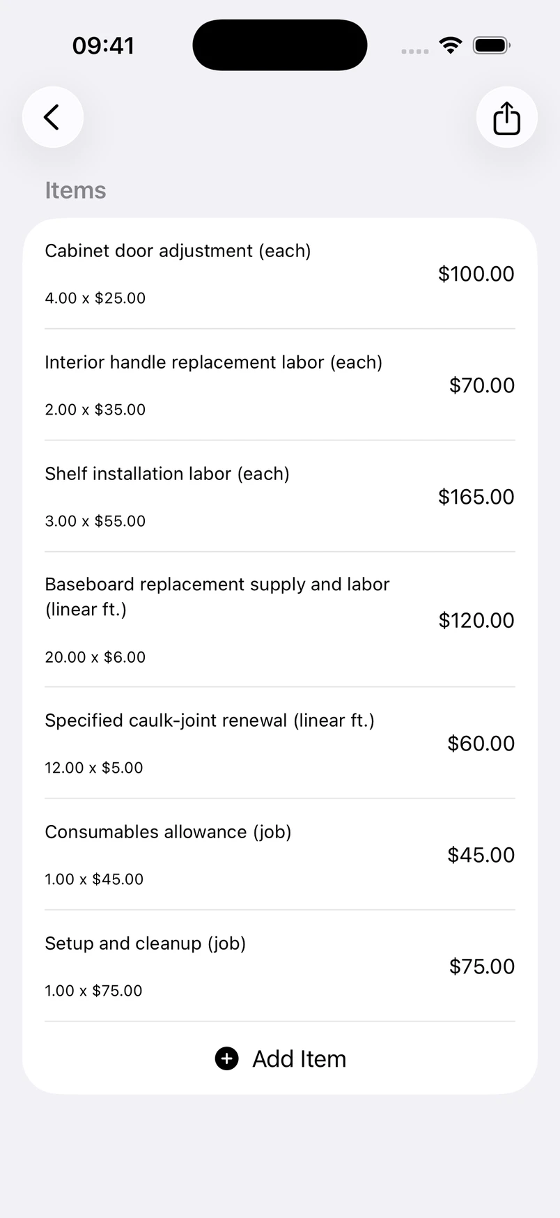 Handyman punch list line items in the Estimates cost editor
