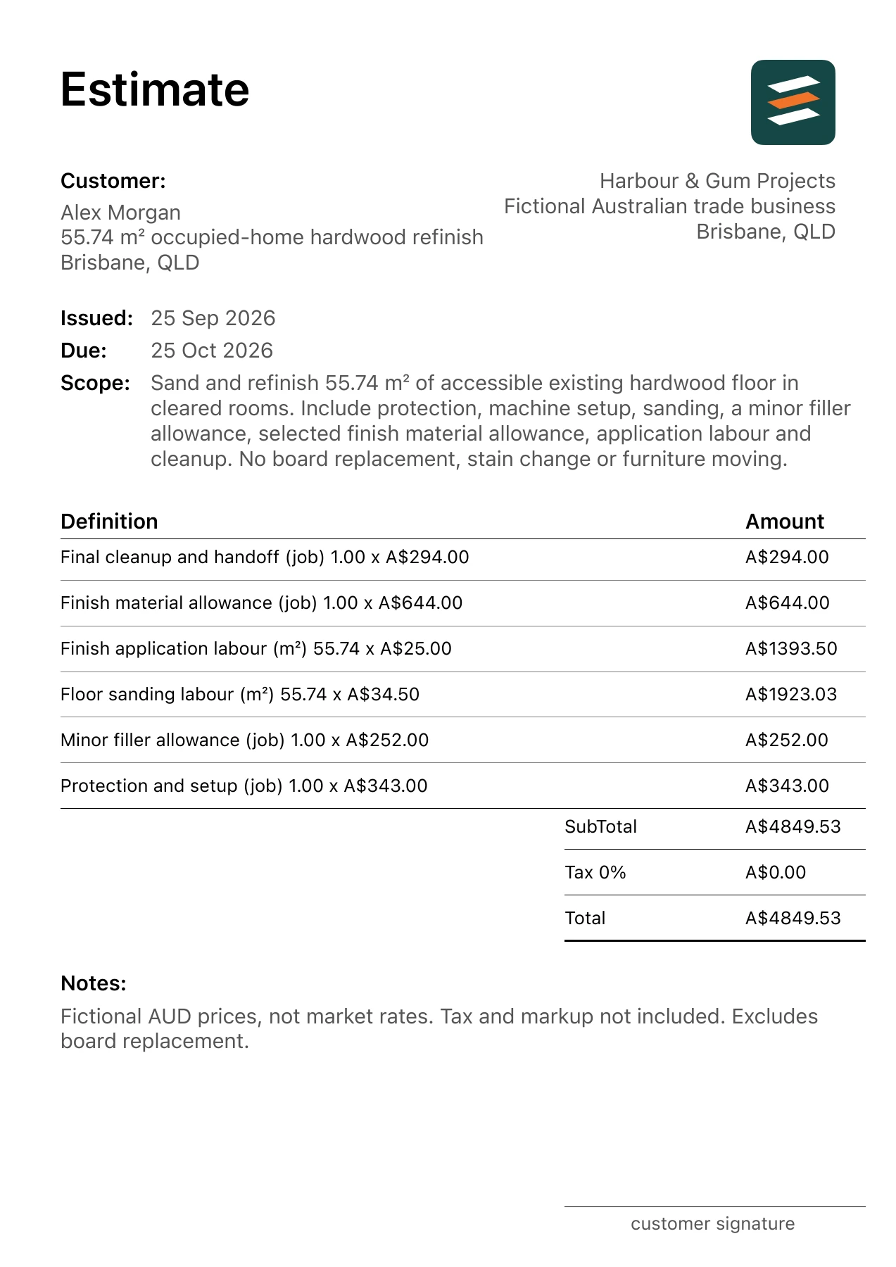 First page of the hardwood floor refinishing estimate PDF