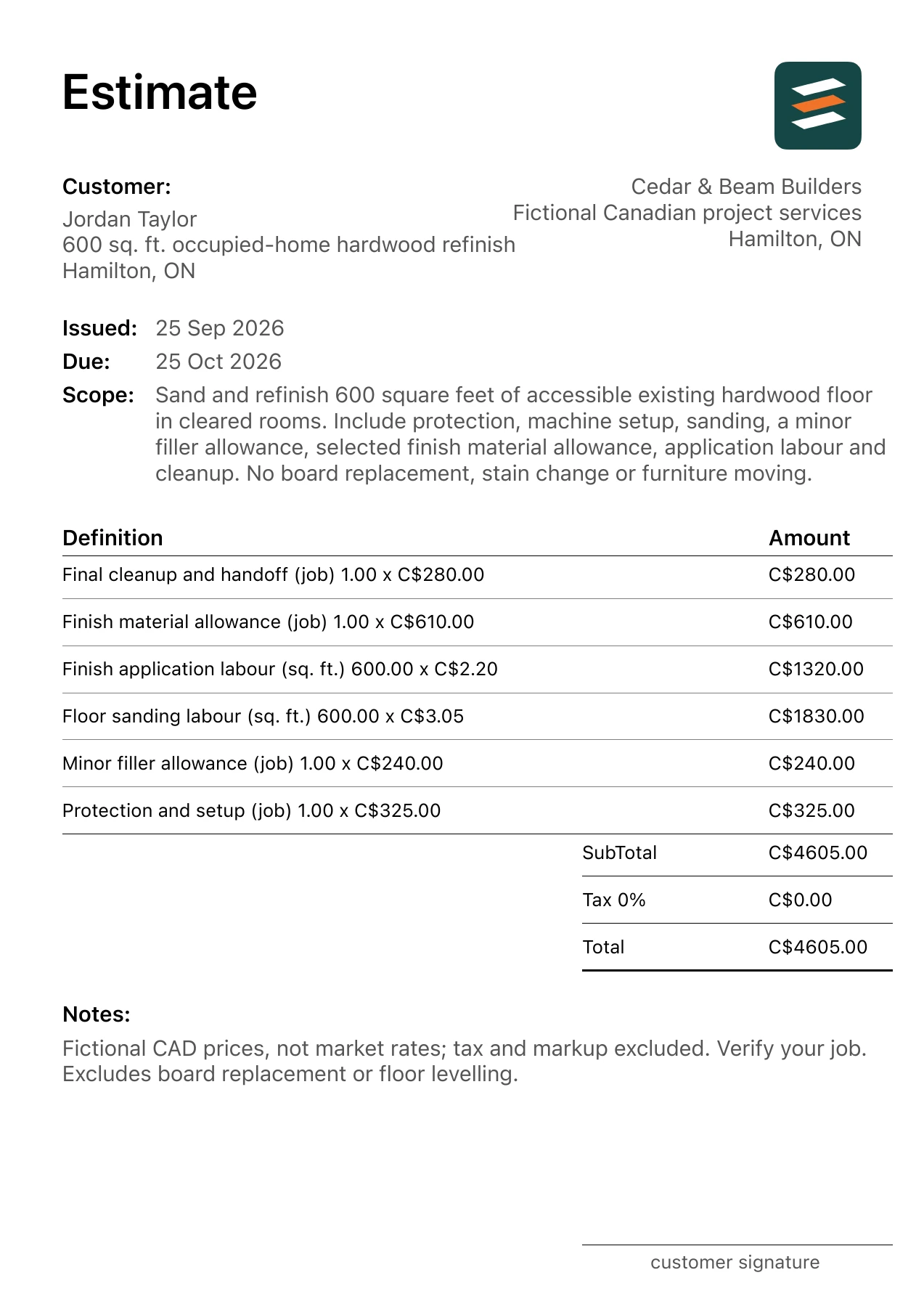 First page of the Hamilton, Ontario hardwood floor refinishing estimate in Canadian dollars