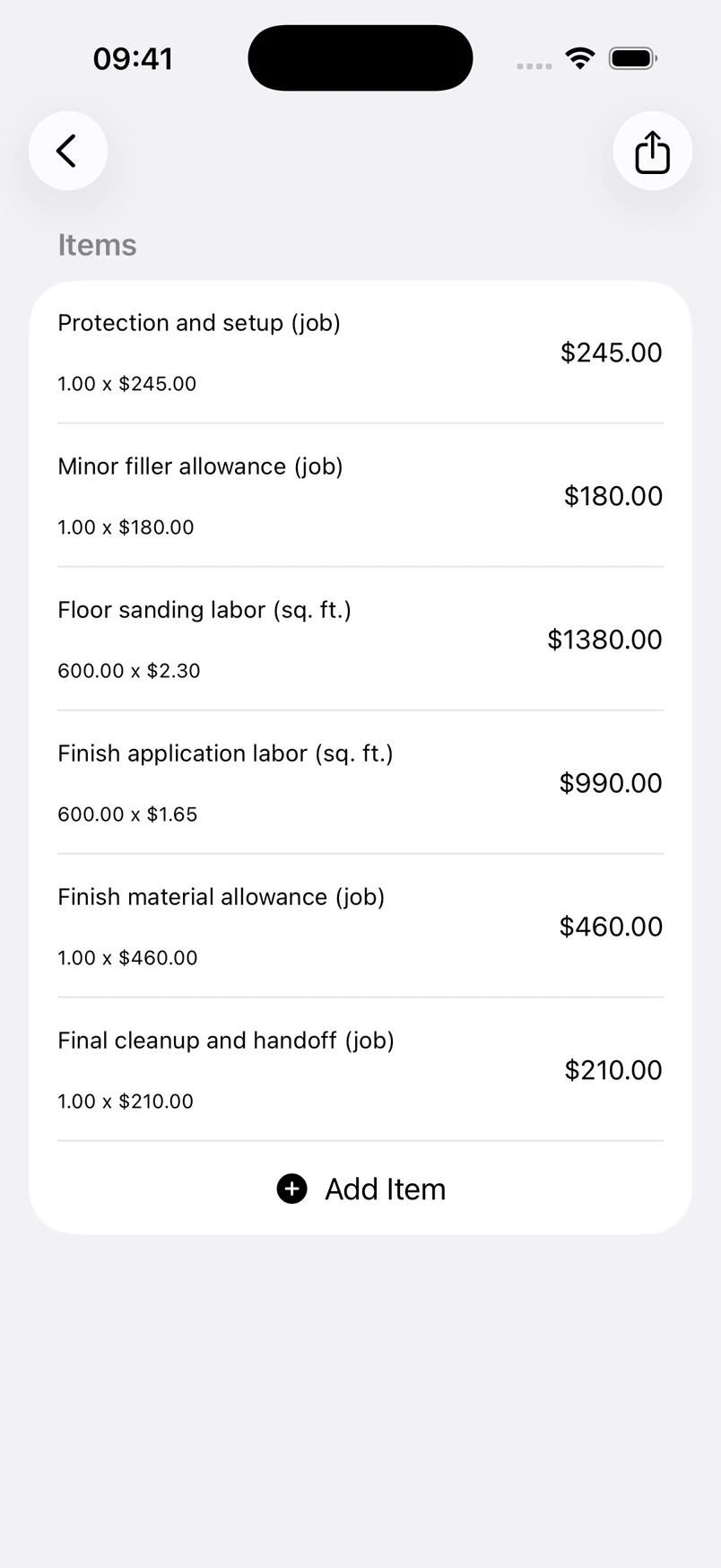 Hardwood floor refinishing line items in the Estimates cost editor