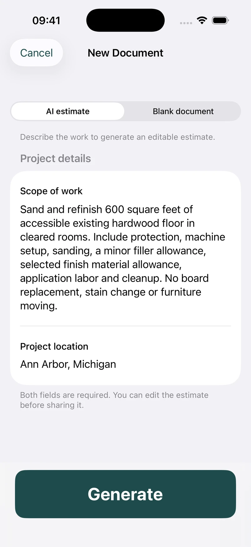 Hardwood floor refinishing scope in the New Document screen